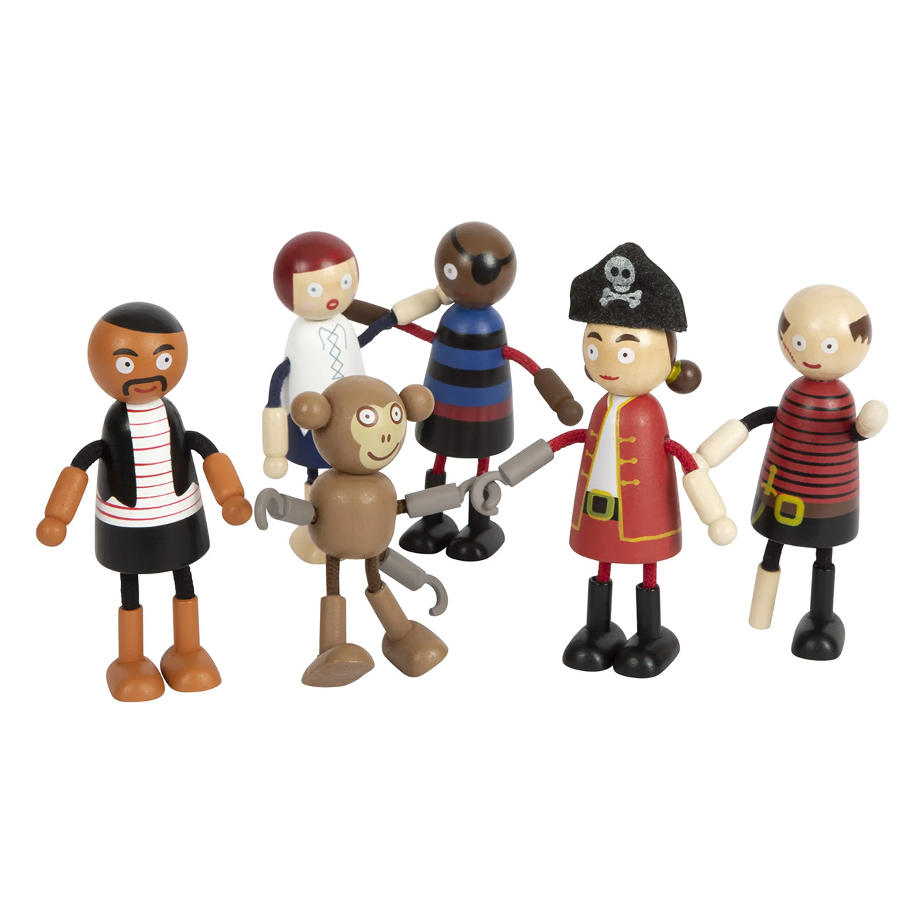 Figurine di pirati e una scimmia di legno in gruppo. Le figure hanno colori e costumi diversi.