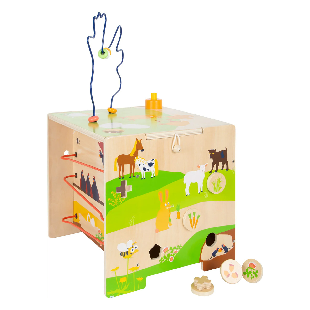 Holzspielzeug mit Bauernhoftieren, einem Perlenlabyrinth und anderen interaktiven Funktionen für Kinder.