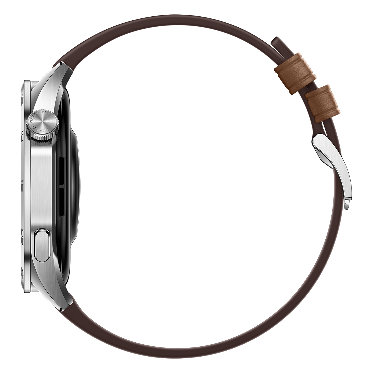 Seitenansicht einer silbernen Smartwatch mit braunem Lederarmband, isoliert auf weißem Hintergrund.