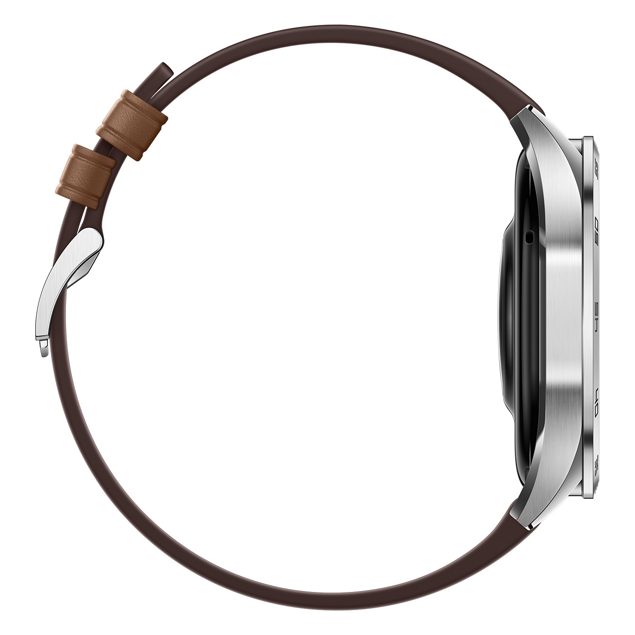 Eine silberne Smartwatch mit braunem Lederarmband, von der Seite gesehen.