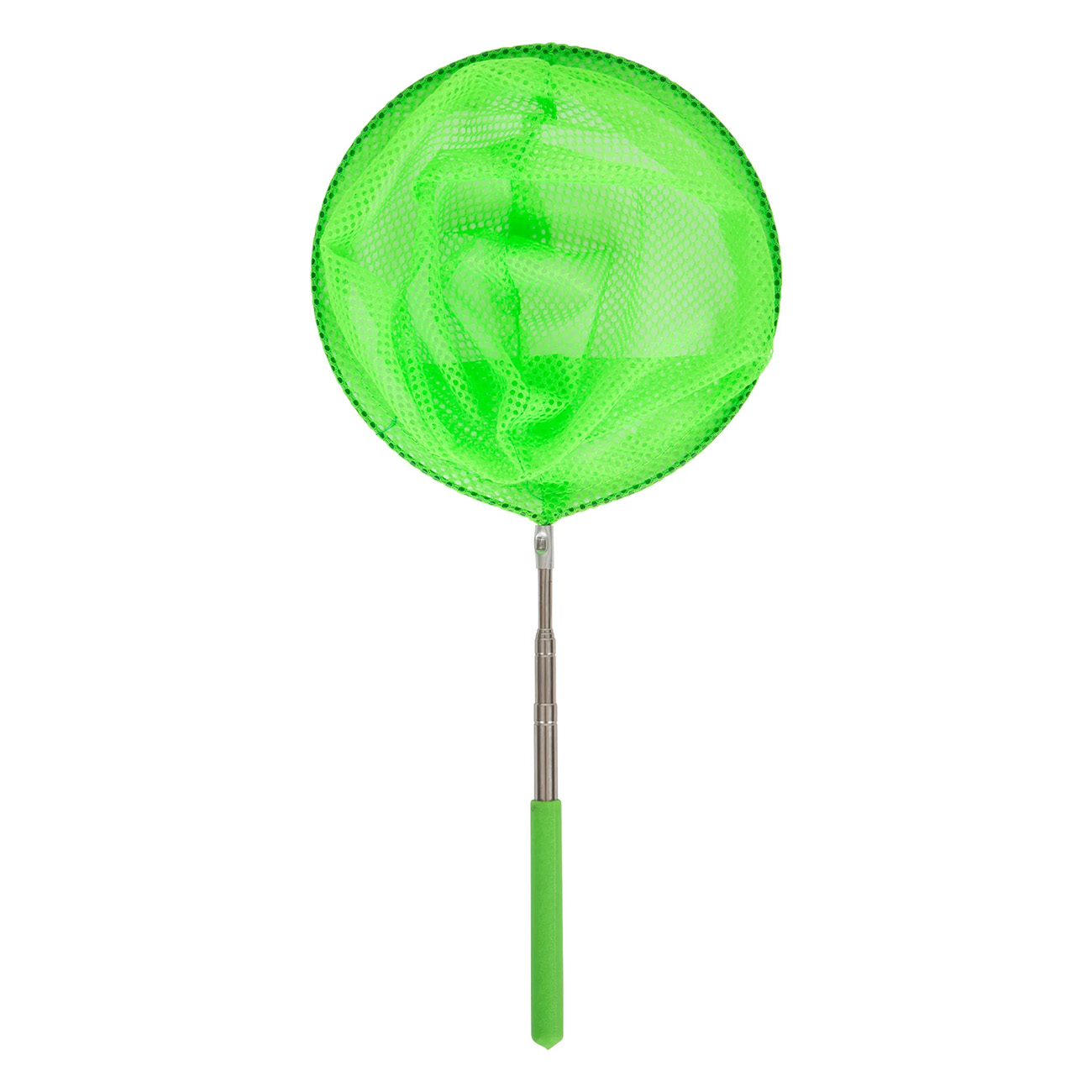 Red de malla verde con mango telescópico sobre fondo blanco. La red es circular.