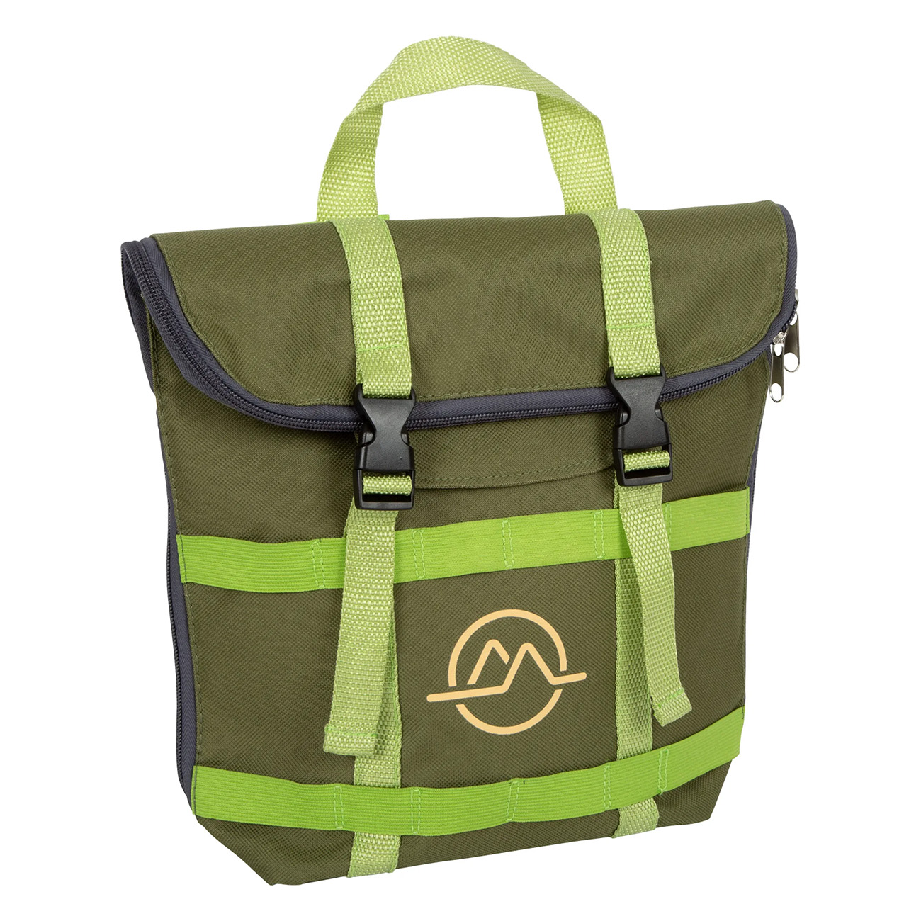 Bolso verde y gris con asa, correas verde claro y un logotipo circular, fondo blanco.