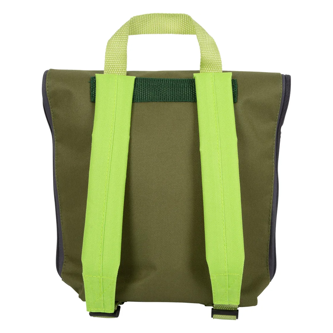 Una mochila verde con correas verde lima. La parte trasera es visible con dos correas y un asa.