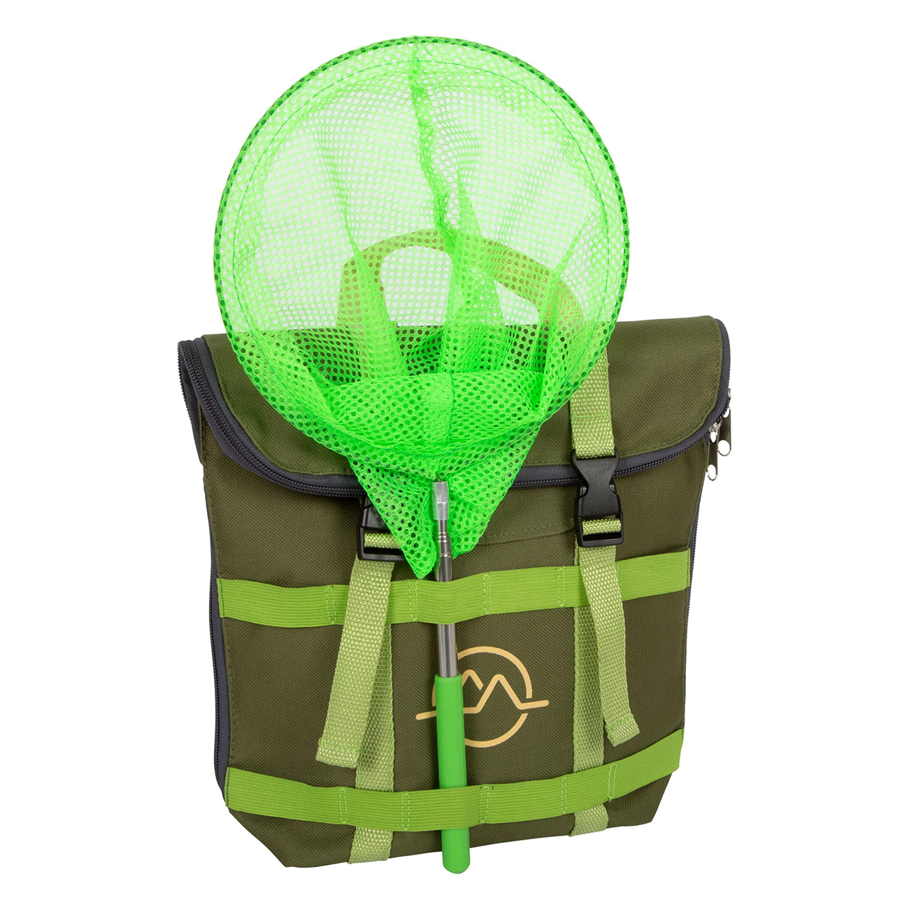 Mochila con red verde y detalles verdes, para atrapar insectos.