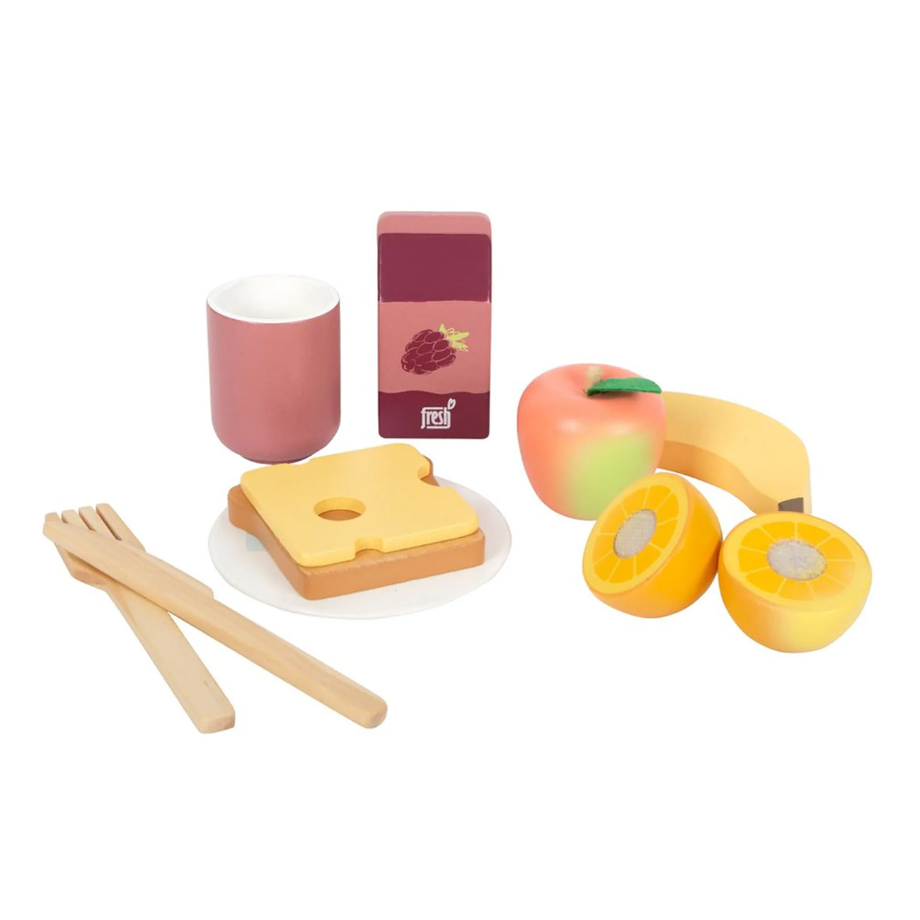 Holzspielzeug-Frühstücksset: Becher, Sandwich, Marmelade, Apfel, Orangenhälften, Banane.