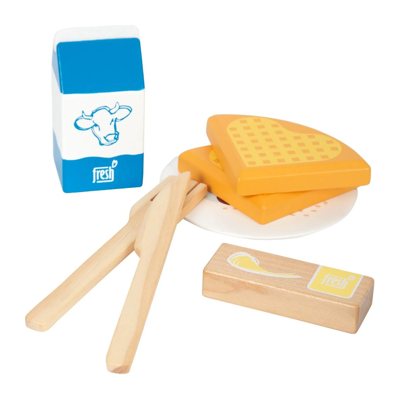 Ein Holzspielzeug-Set mit Lebensmitteln wie Milch, Sandwiches und einem Butterstück.