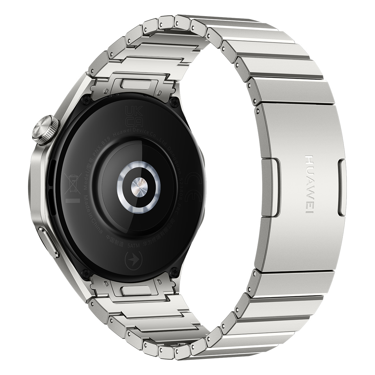 Srebrny smartwatch z metalowym paskiem. Tył jest czarny, a pasek połączony.