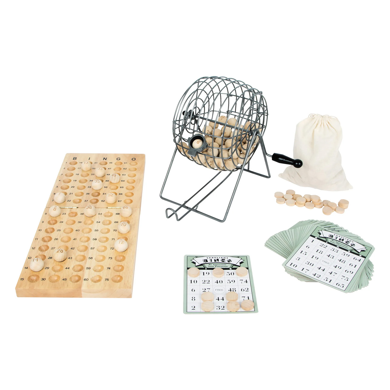 Bingo-Spielset mit Holzkugeln, Karten und einem Käfig.