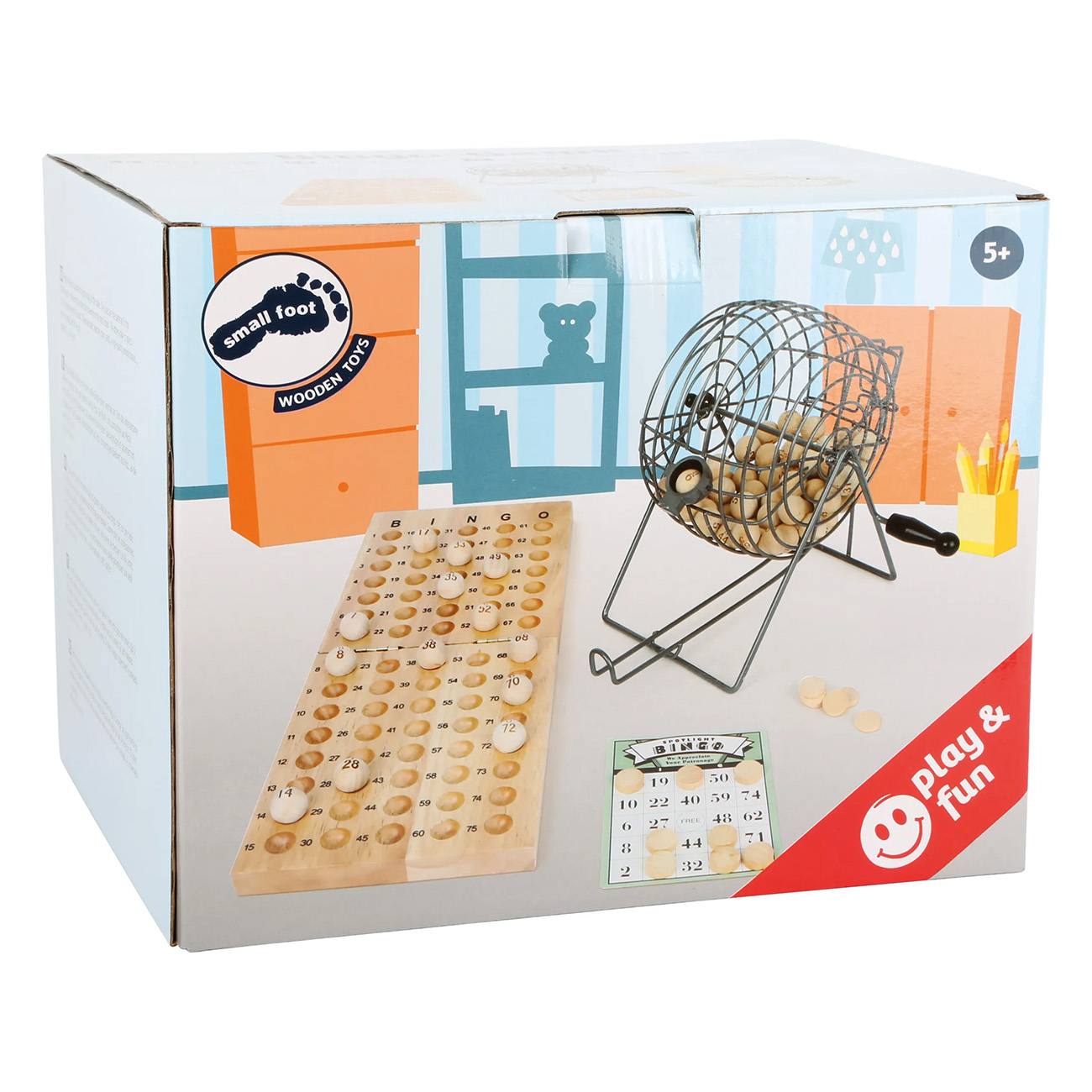 Box mit einem Bingo-Spielset. Es enthält einen Käfig, Karten und Holzchips.