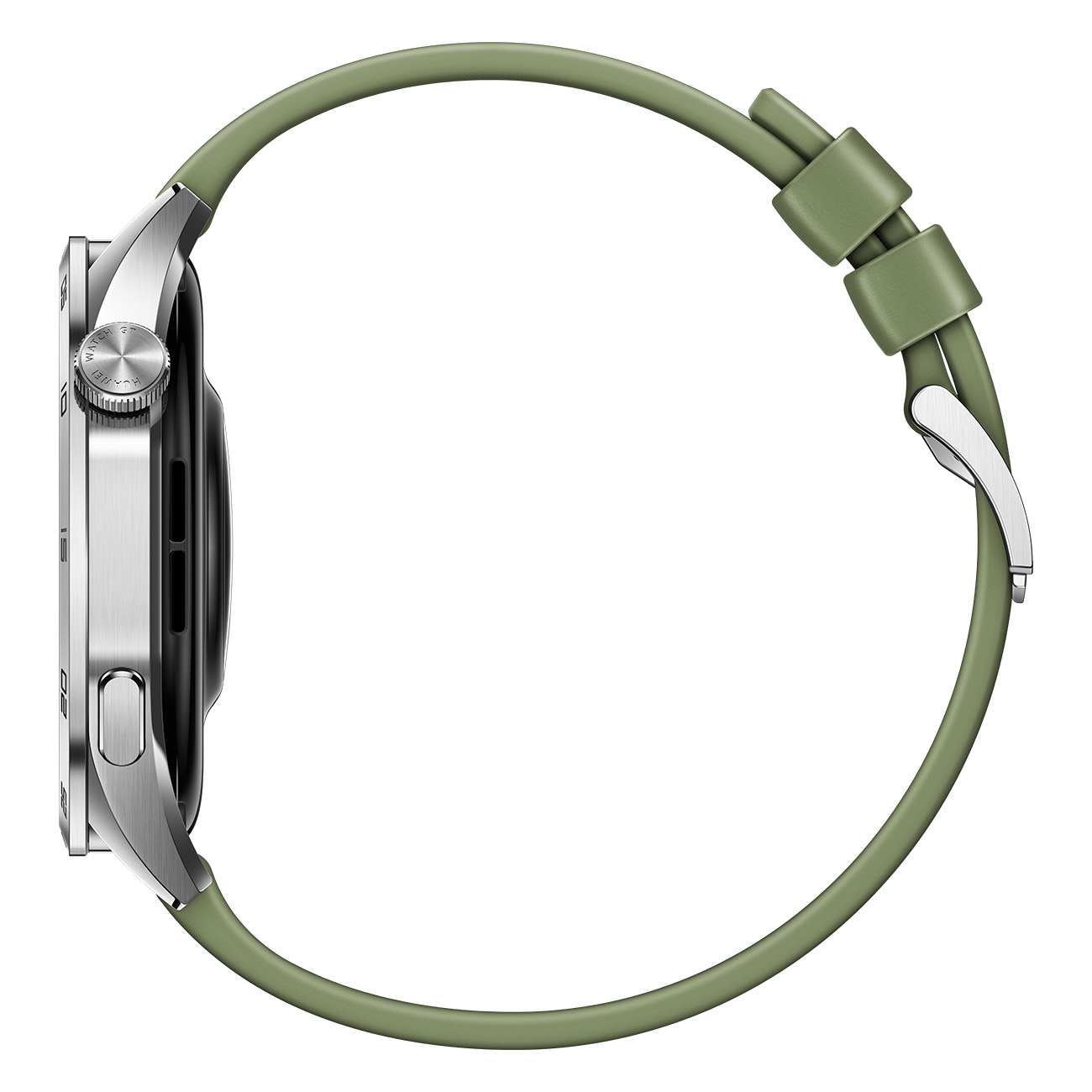 Smartwatch met een zilveren kast en een groene band. De horloge wordt van de zijkant bekeken.