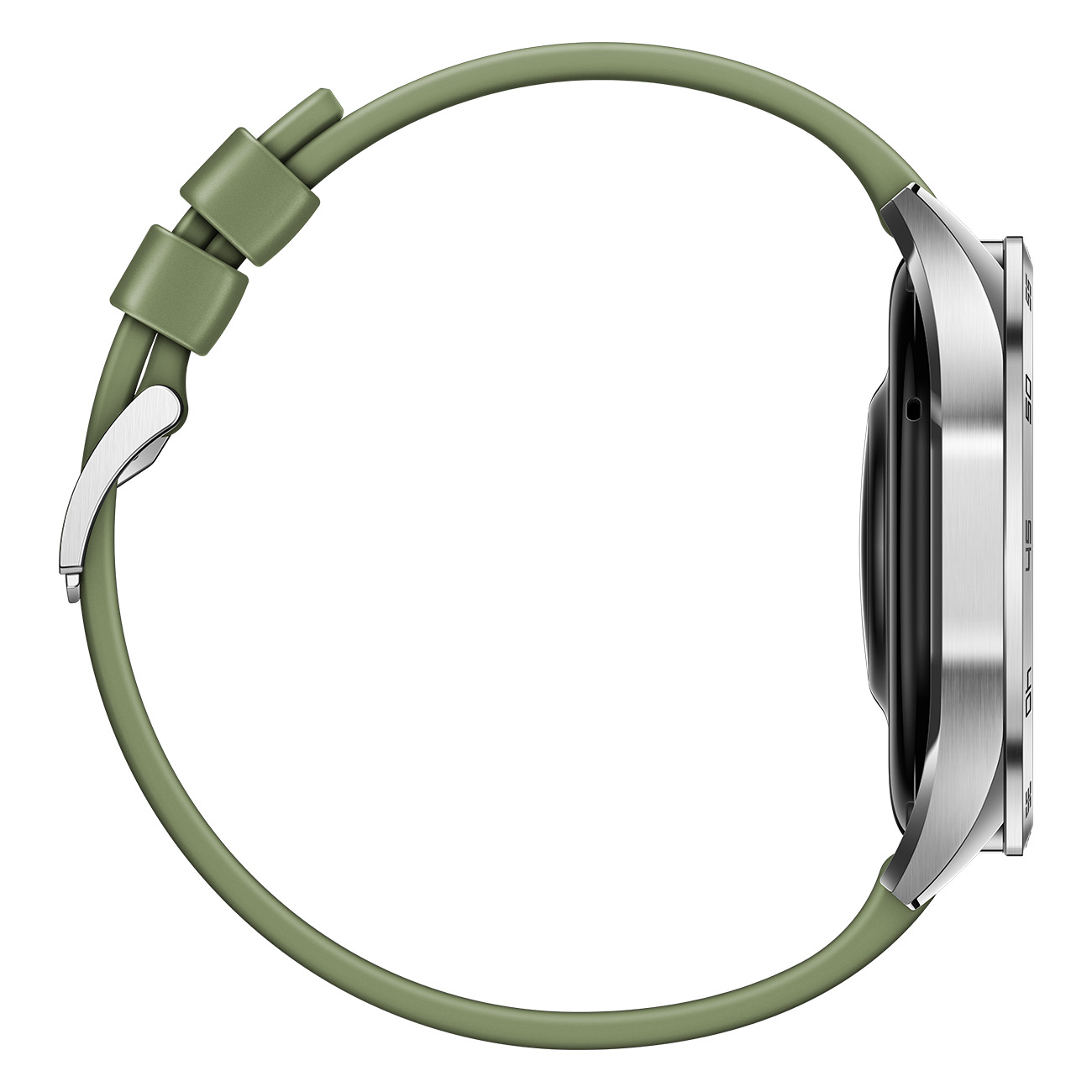 Zijaanzicht van een smartwatch met een groene band en een zilveren behuizing. Het horloge staat schuin.