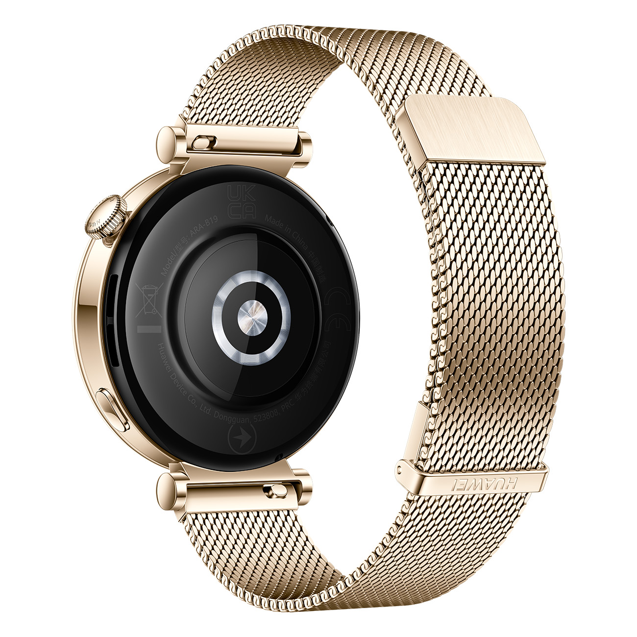 Goldene Smartwatch mit goldfarbenem Mesh-Armband. Die Rückseite der Uhr ist sichtbar.