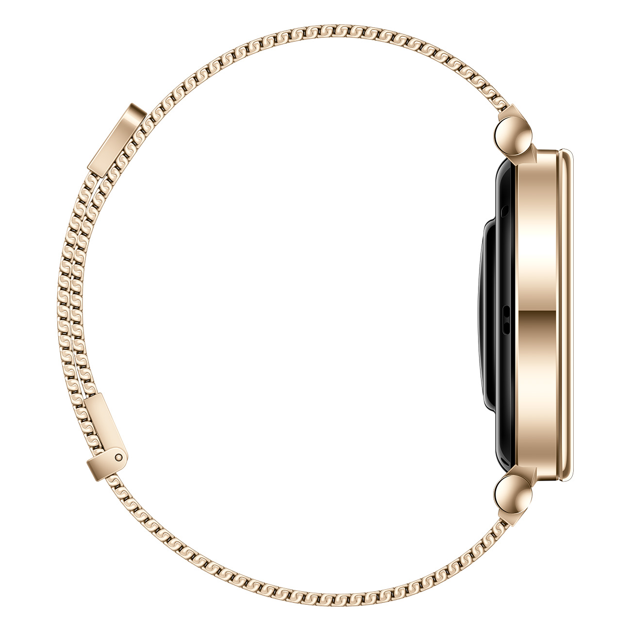 Goldene Smartwatch, Seitenansicht. Goldenes Armband und schwarzer Bildschirm.