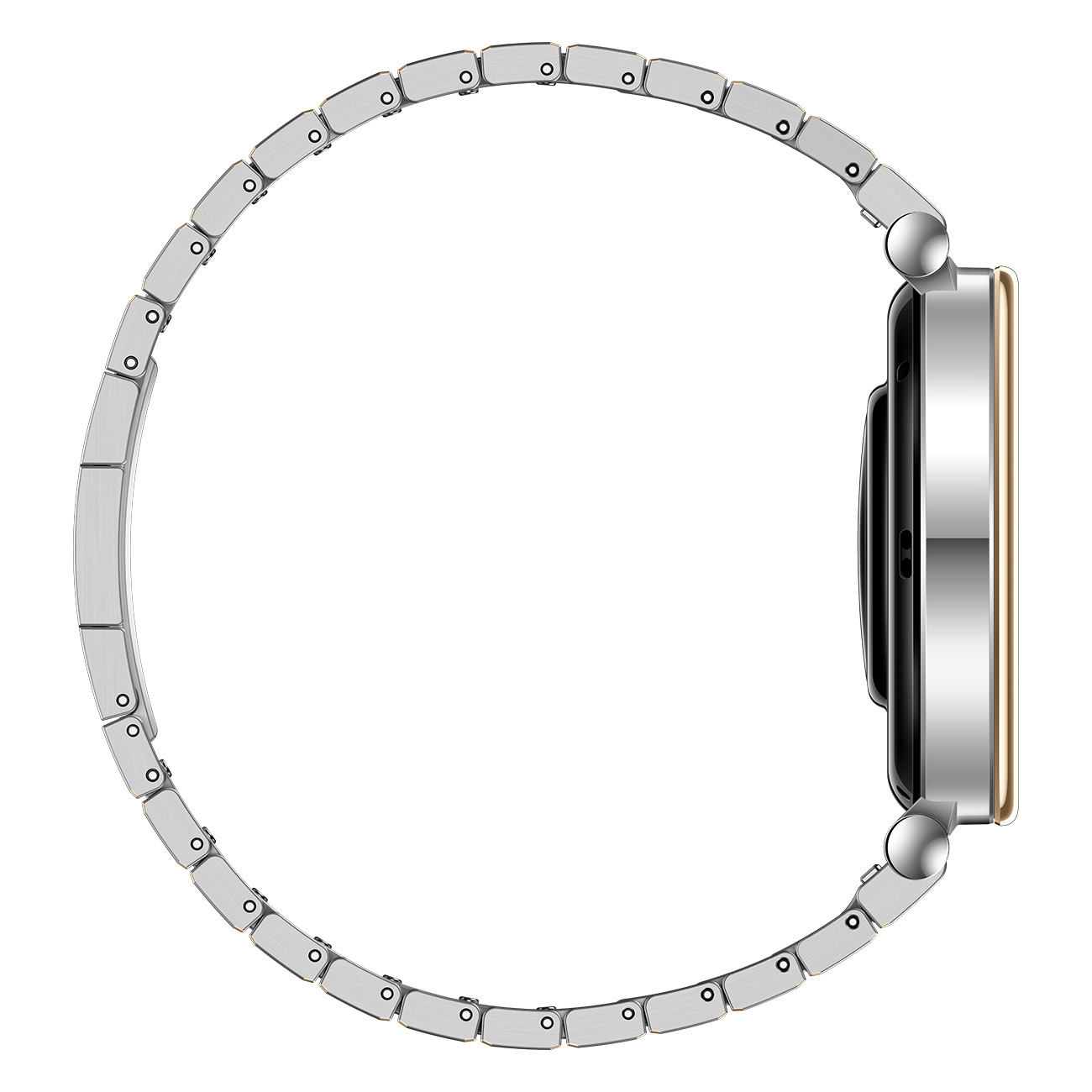 Widok z boku smartwatcha z metalową bransoletą. Tarcza zegarka jest czarna i złota.