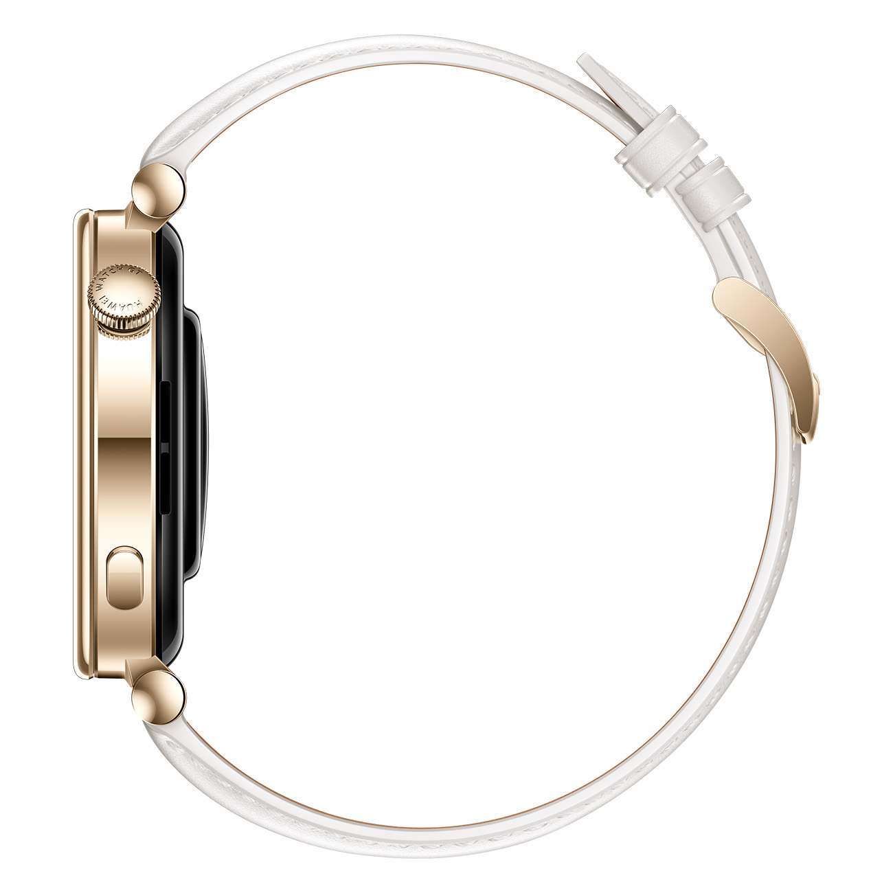 Widok z boku złotego smartwatcha z białym paskiem, pokazujący tarczę.