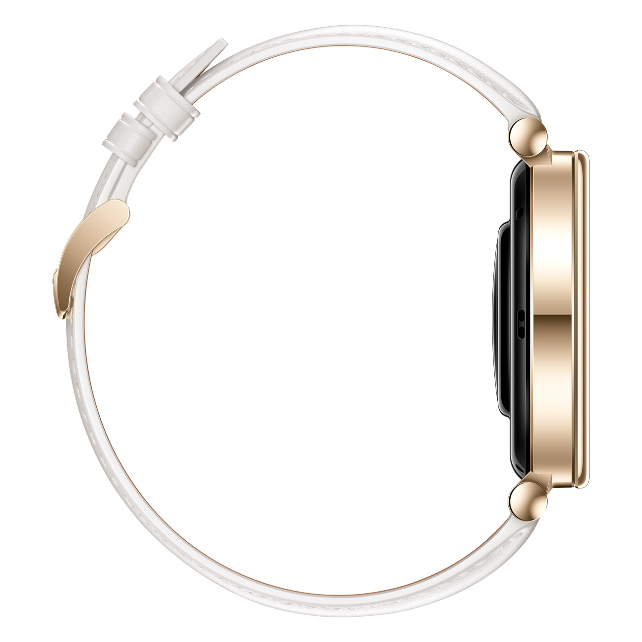 Złoty smartwatch. Biały pasek, widok pod kątem pokazujący stronę z czarnym ekranem.