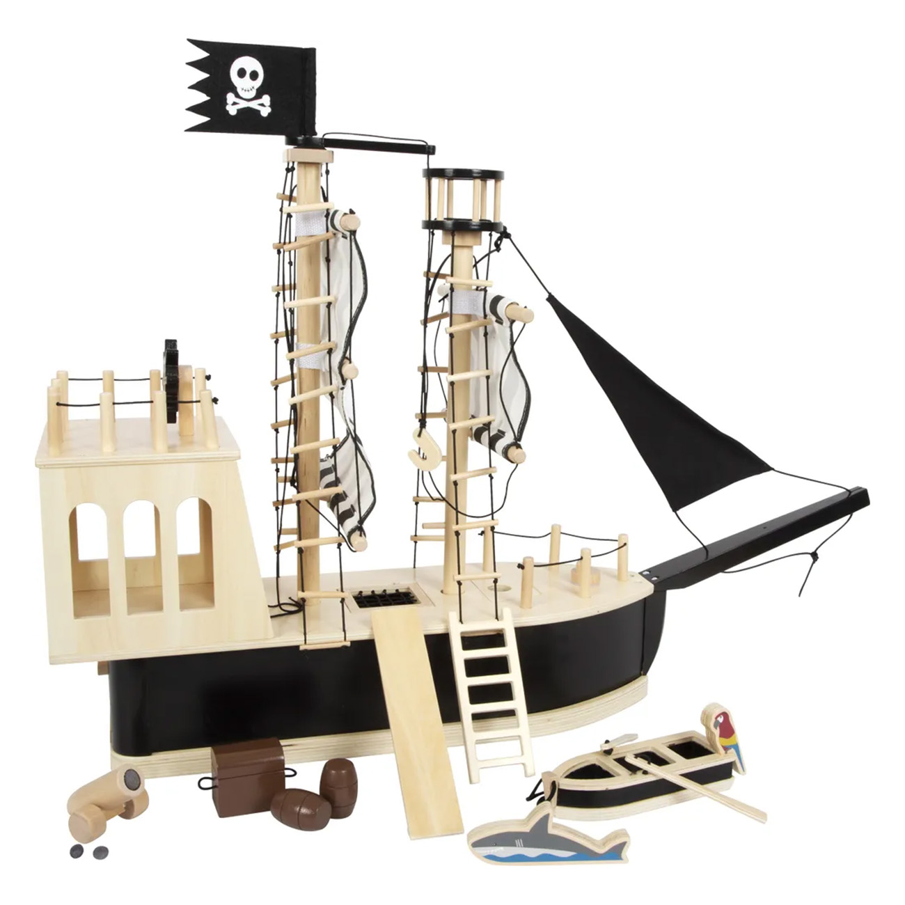 Jouet de bateau pirate en bois. Comprend des mâts, des voiles, un canot et un drapeau de crâne.
