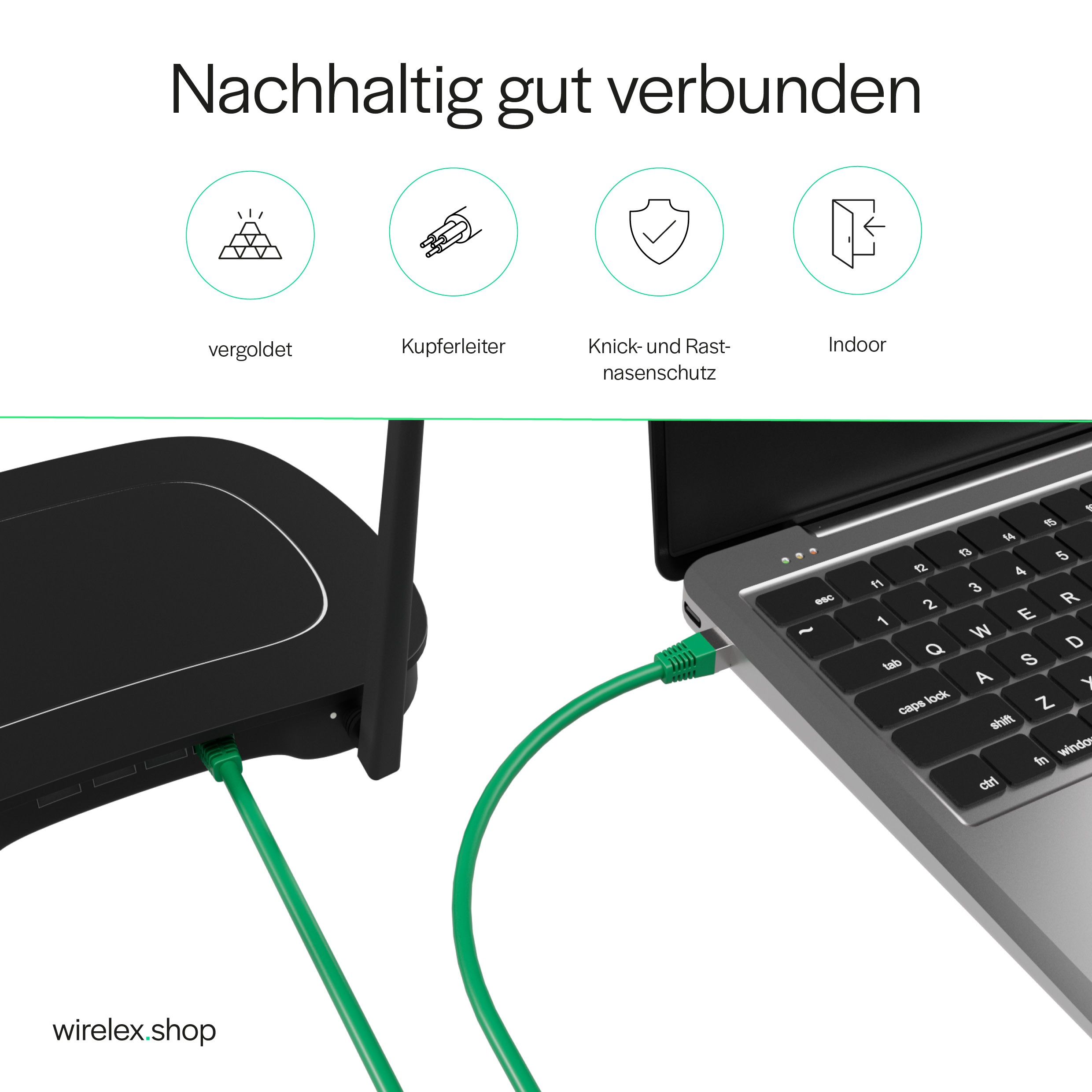 Ein Router, der mit einem Laptop mit grünem Kabel verbunden ist, mit Text und Symbolen im Hintergrund.