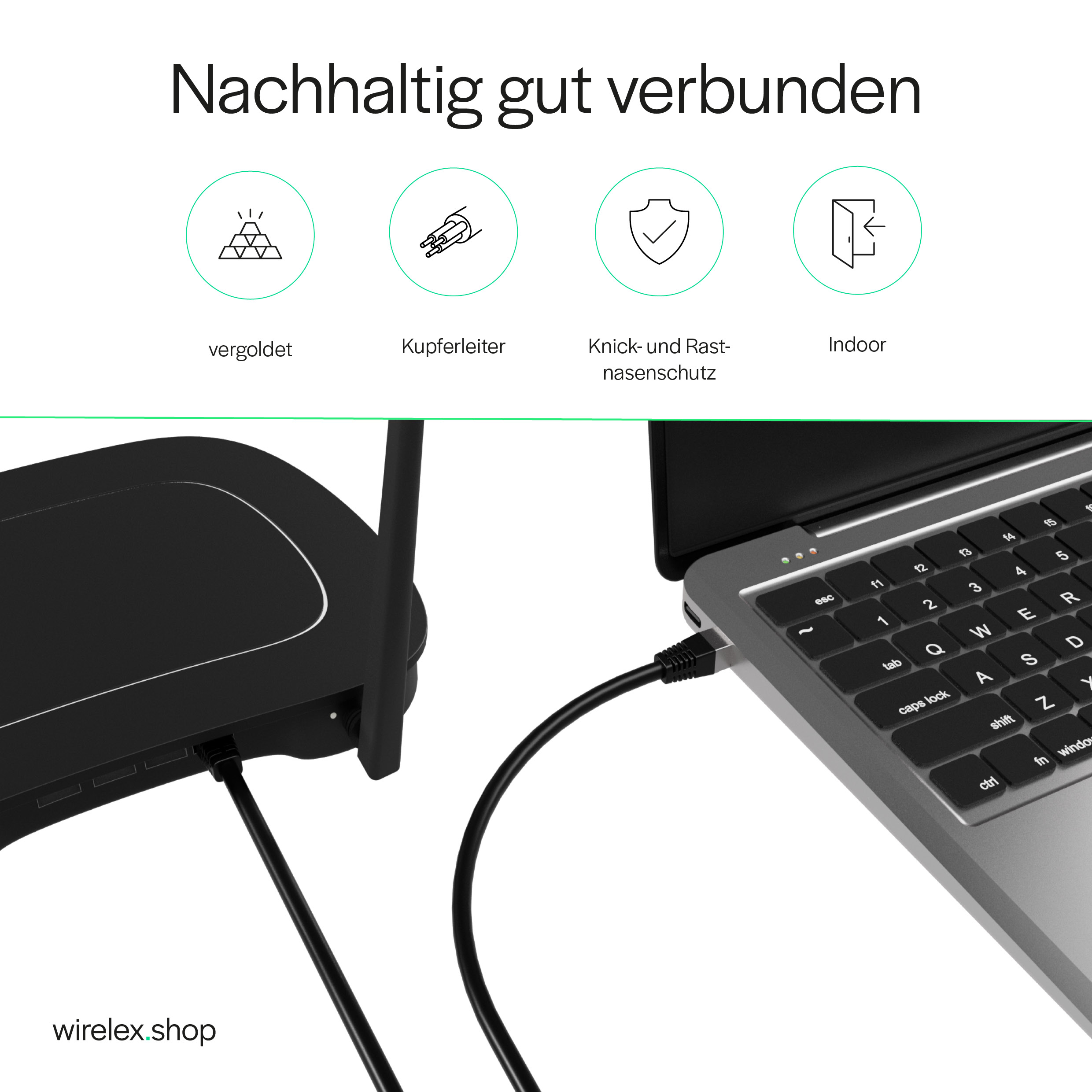 Ein Laptop, der über ein Ethernet-Kabel mit einem Router verbunden ist. Symbole und Text.