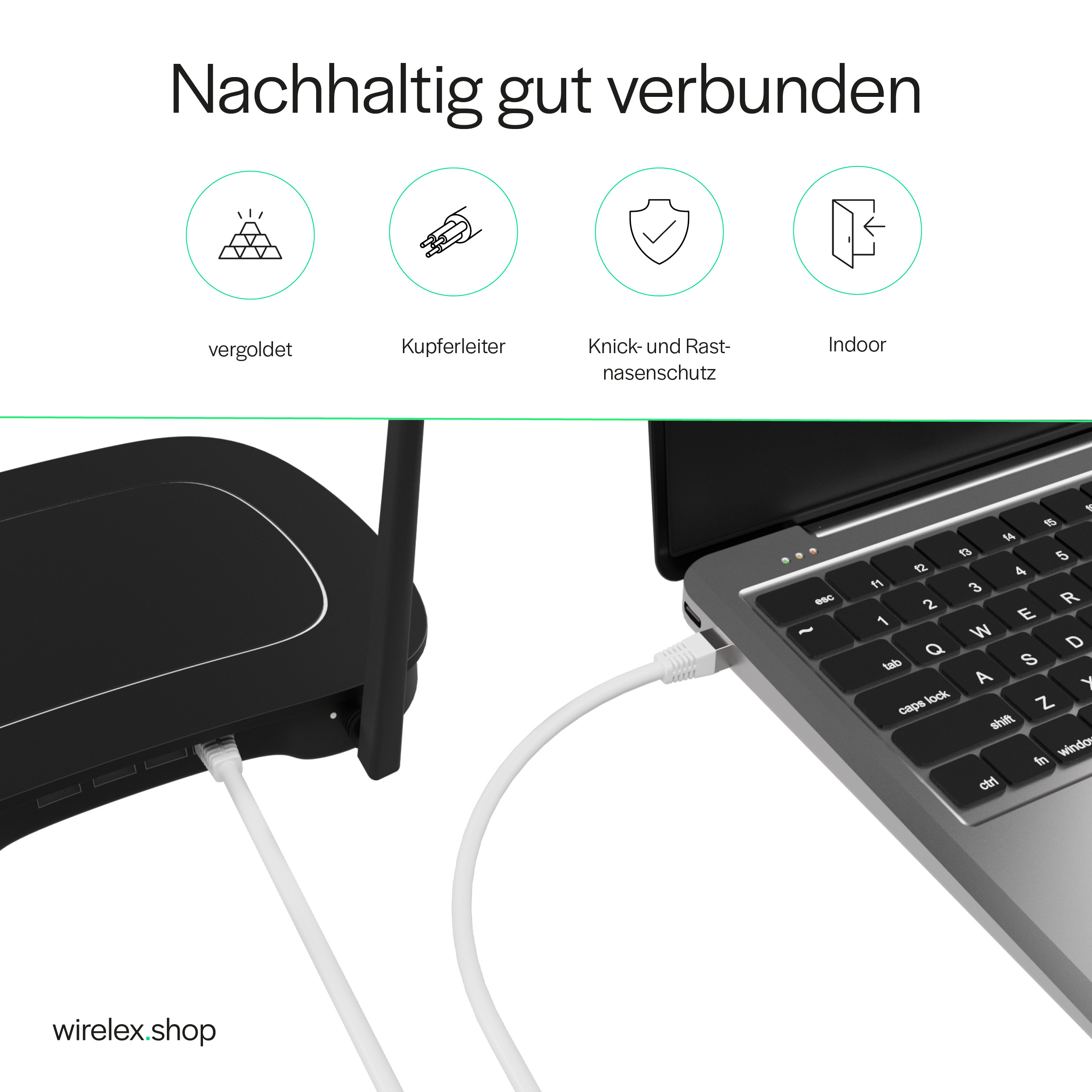 Laptop mit Router über ein weißes Ethernet-Kabel verbunden. Text: 'Nachhaltig gut verbunden'.