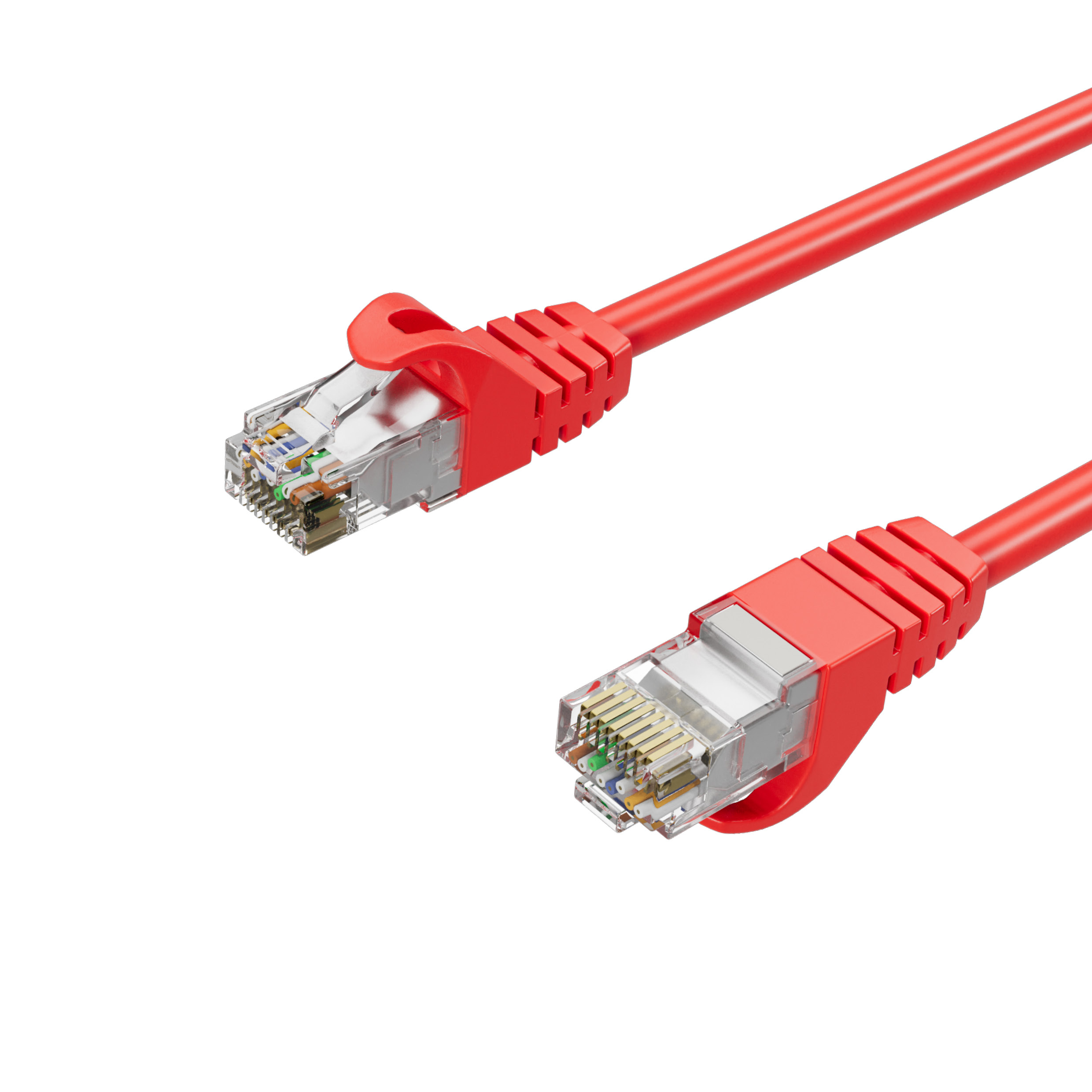 Zwei rote Ethernet-Kabel mit transparenten Steckern, zum Betrachter geneigt, auf weißem Hintergrund.