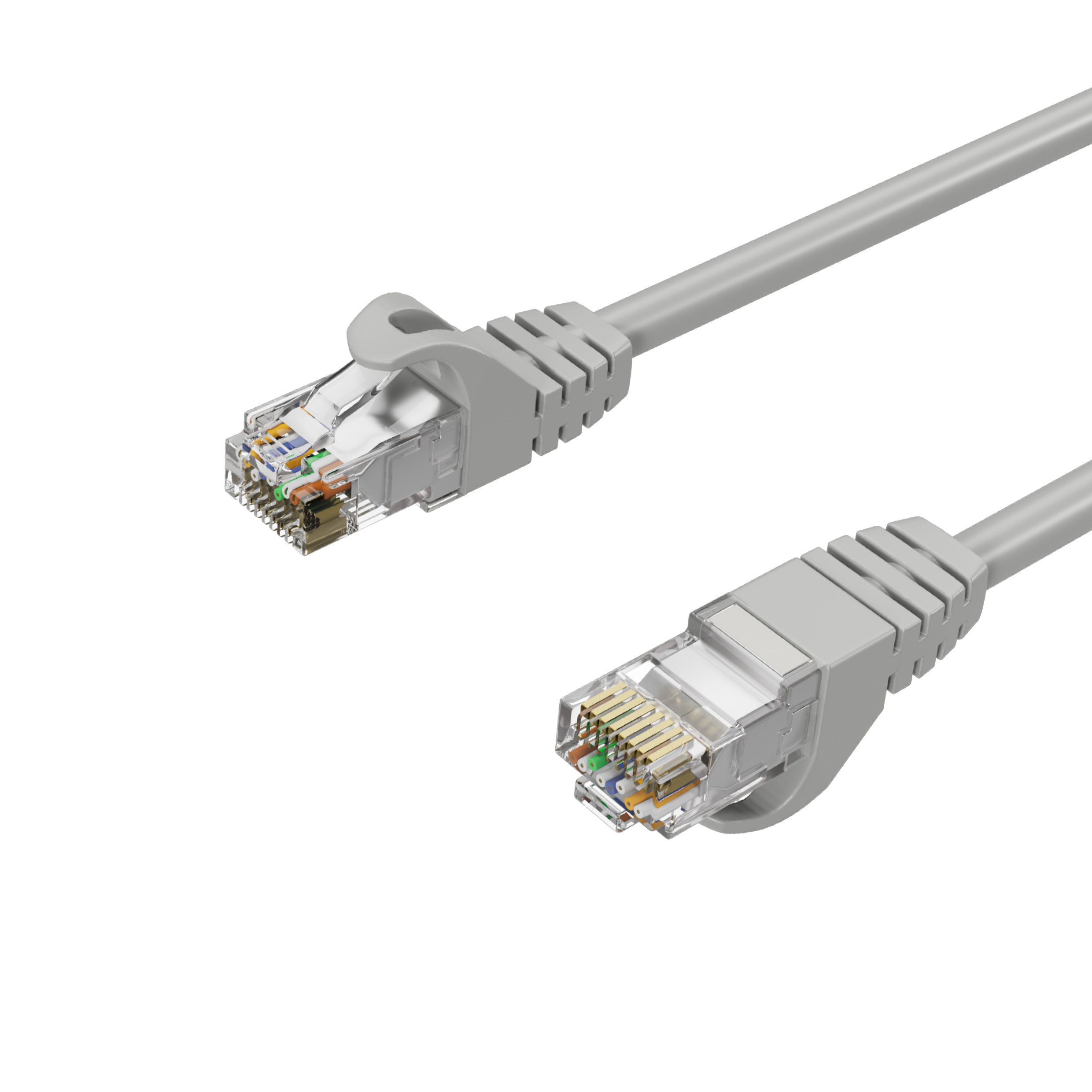Zwei graue Ethernet-Kabel mit RJ45-Anschlüssen. Weißer Hintergrund.