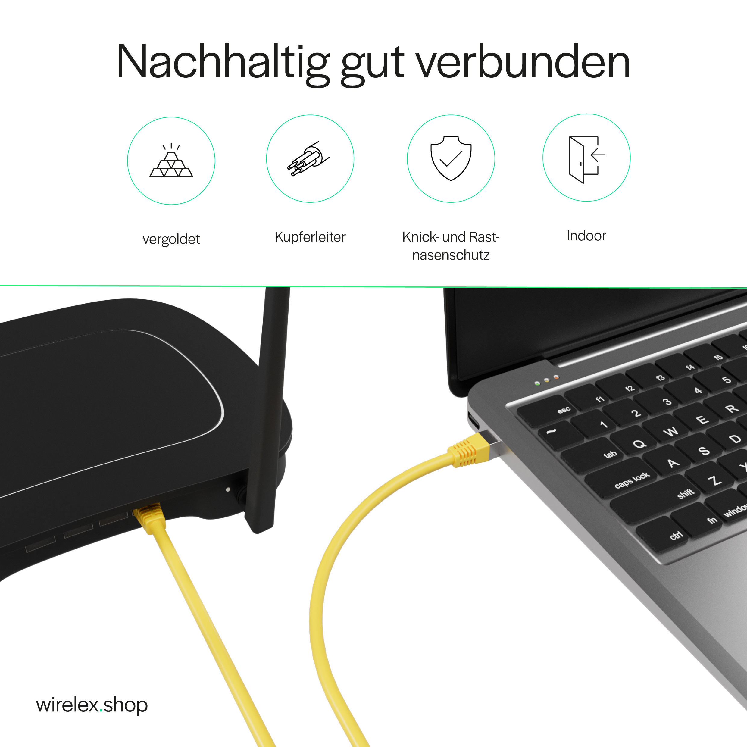 Router und Laptop, verbunden durch gelbe Ethernet-Kabel. Illustrationen zeigen Merkmale.