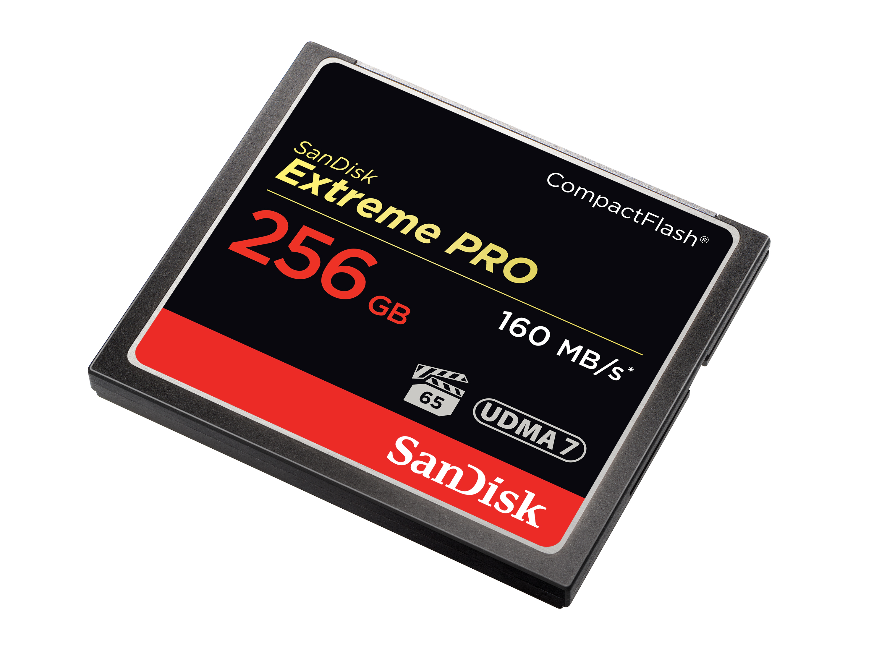 Czarno-czerwona karta SanDisk Extreme Pro CompactFlash z tekstem i logo.