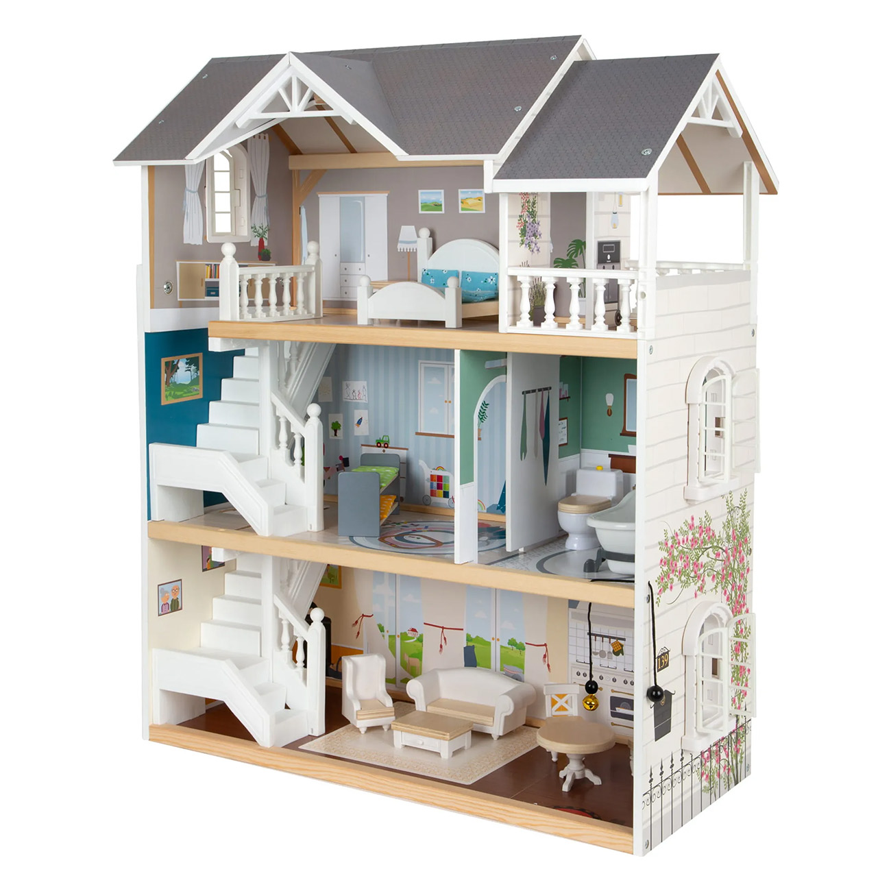 Puppenhaus mit drei Etagen, möbliert mit Miniaturmöbeln, Fenstern und Treppen.