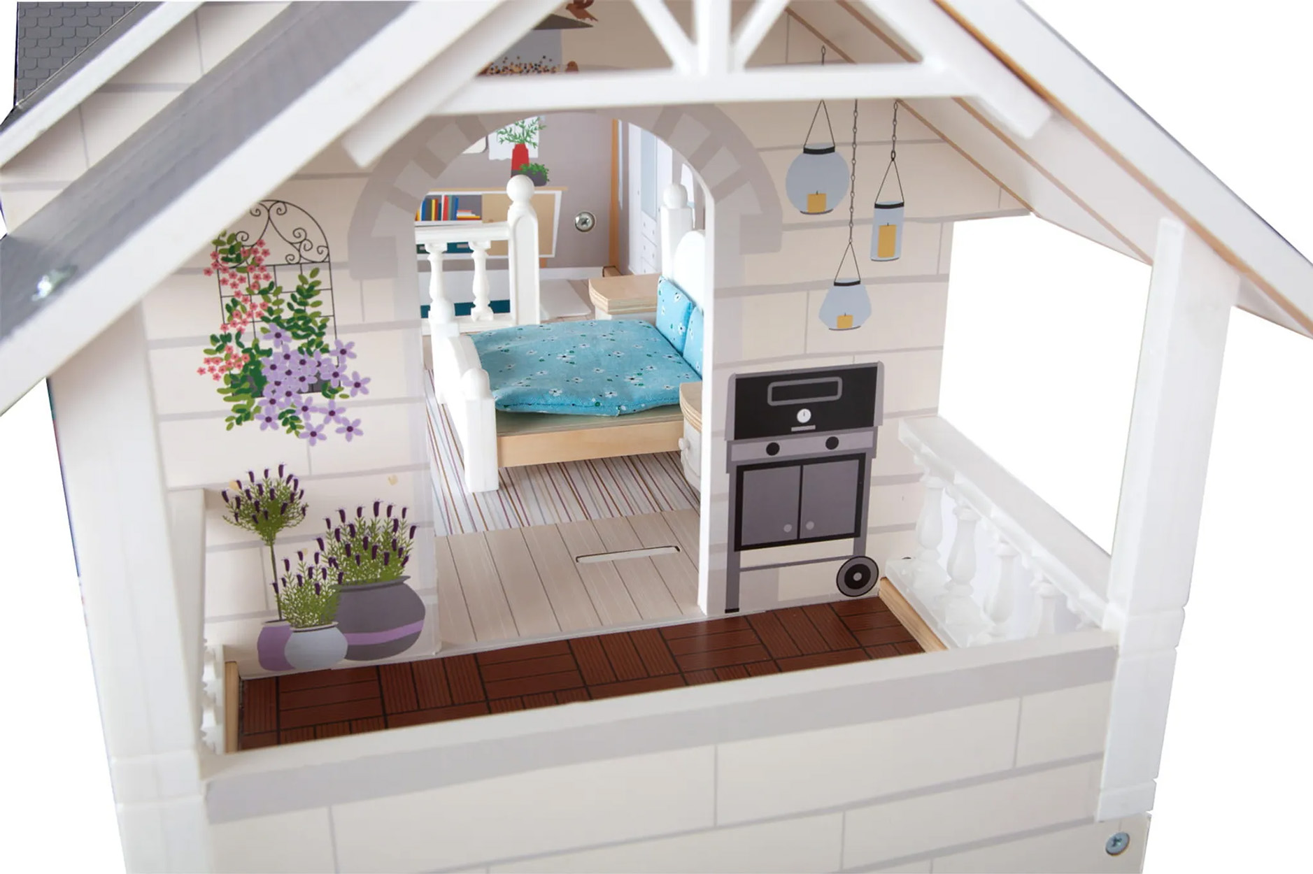 Miniatur-Puppenhaus-Interieur mit einem Zimmer mit Bett, Balkon und anderen Details.