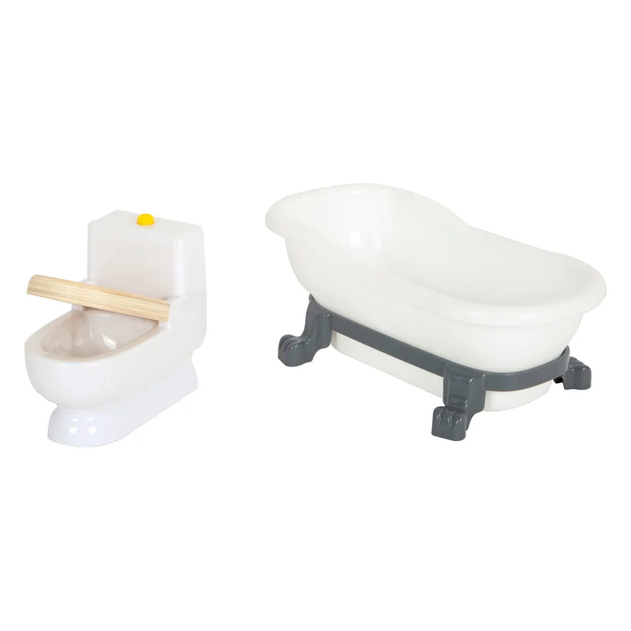 Weiße Toilette mit Holzbrille und weiße Badewanne mit schwarzen Füßen vor weißem Hintergrund.