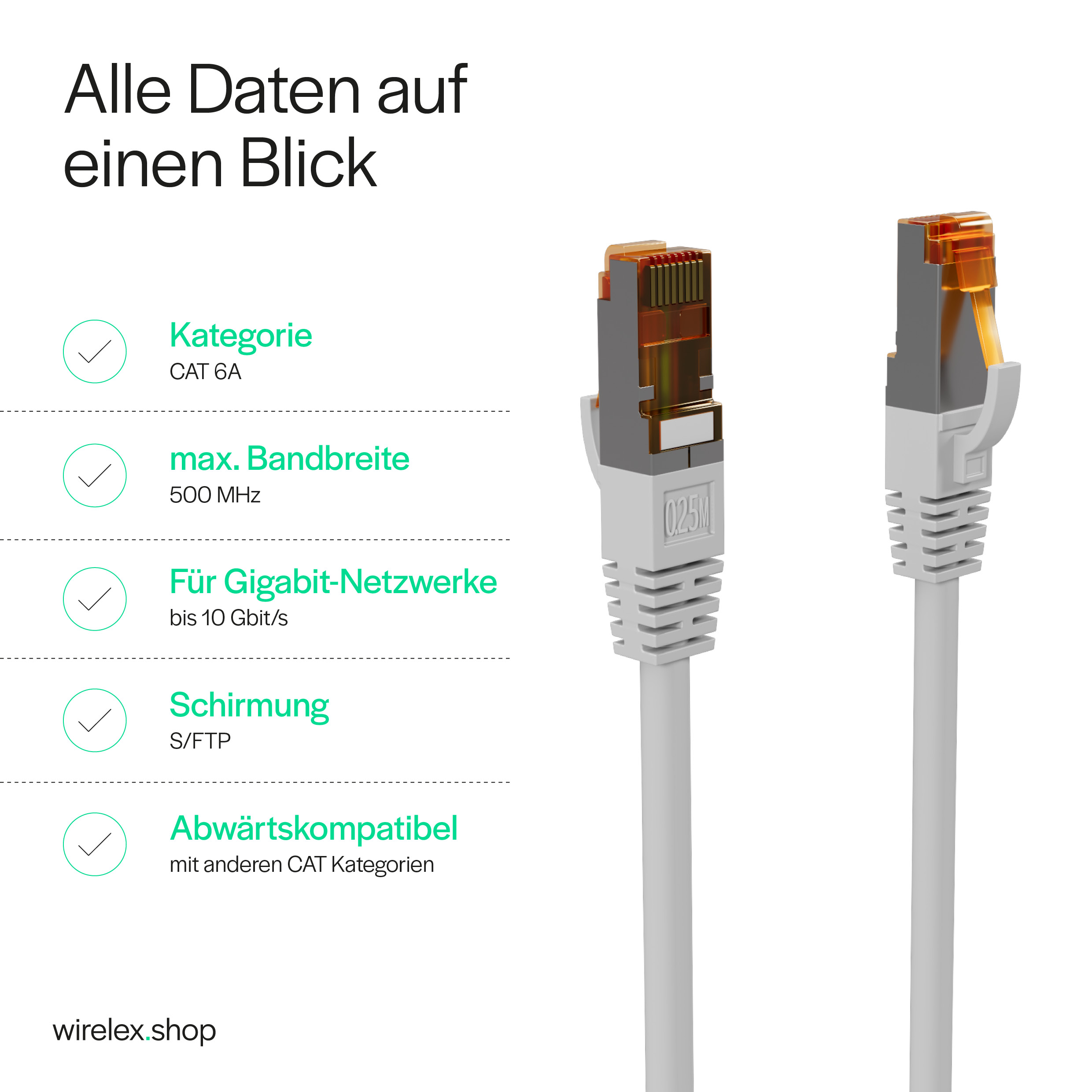Due cavi Ethernet bianchi con connettori RJ45. Le informazioni su larghezza di banda, velocità e categoria sono elencate a sinistra.