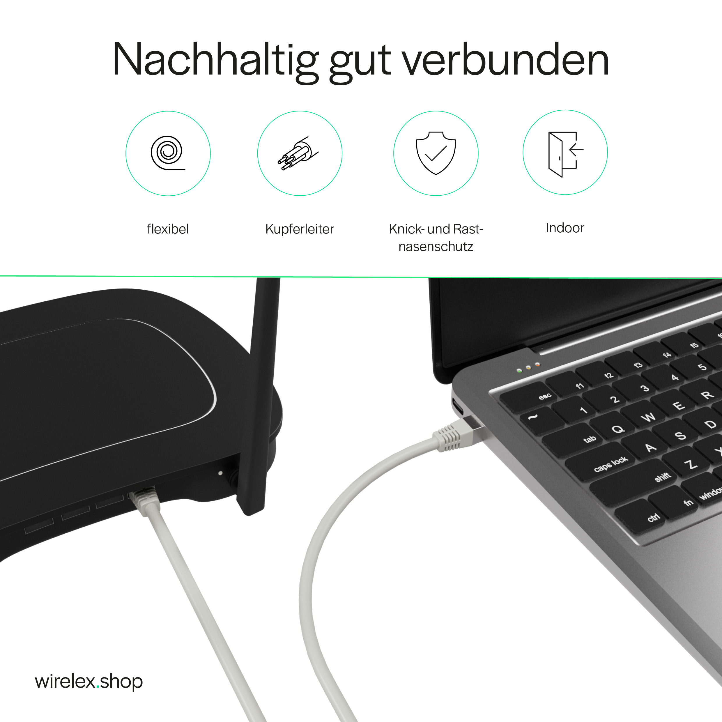 Un laptop collegato a un router tramite un cavo Ethernet bianco. Il router e il laptop sono neri. Lo sfondo è bianco.