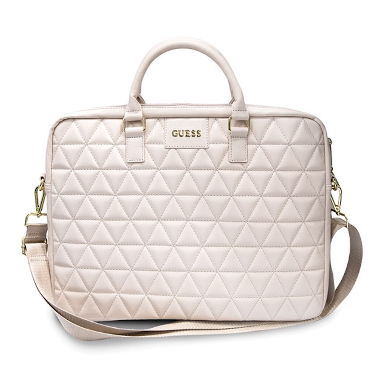 Una borsa beige trapuntata con manico e tracolla. La parola GUESS è sopra.