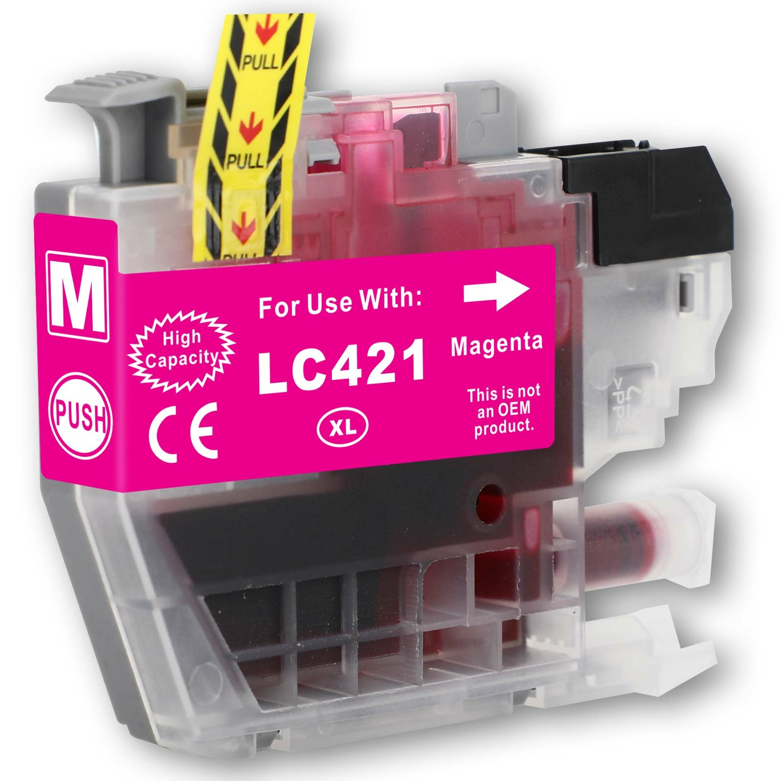Magentafarbene Tintenpatrone mit der Aufschrift 'LC421 XL'. Die Patrone ist pink und klar.