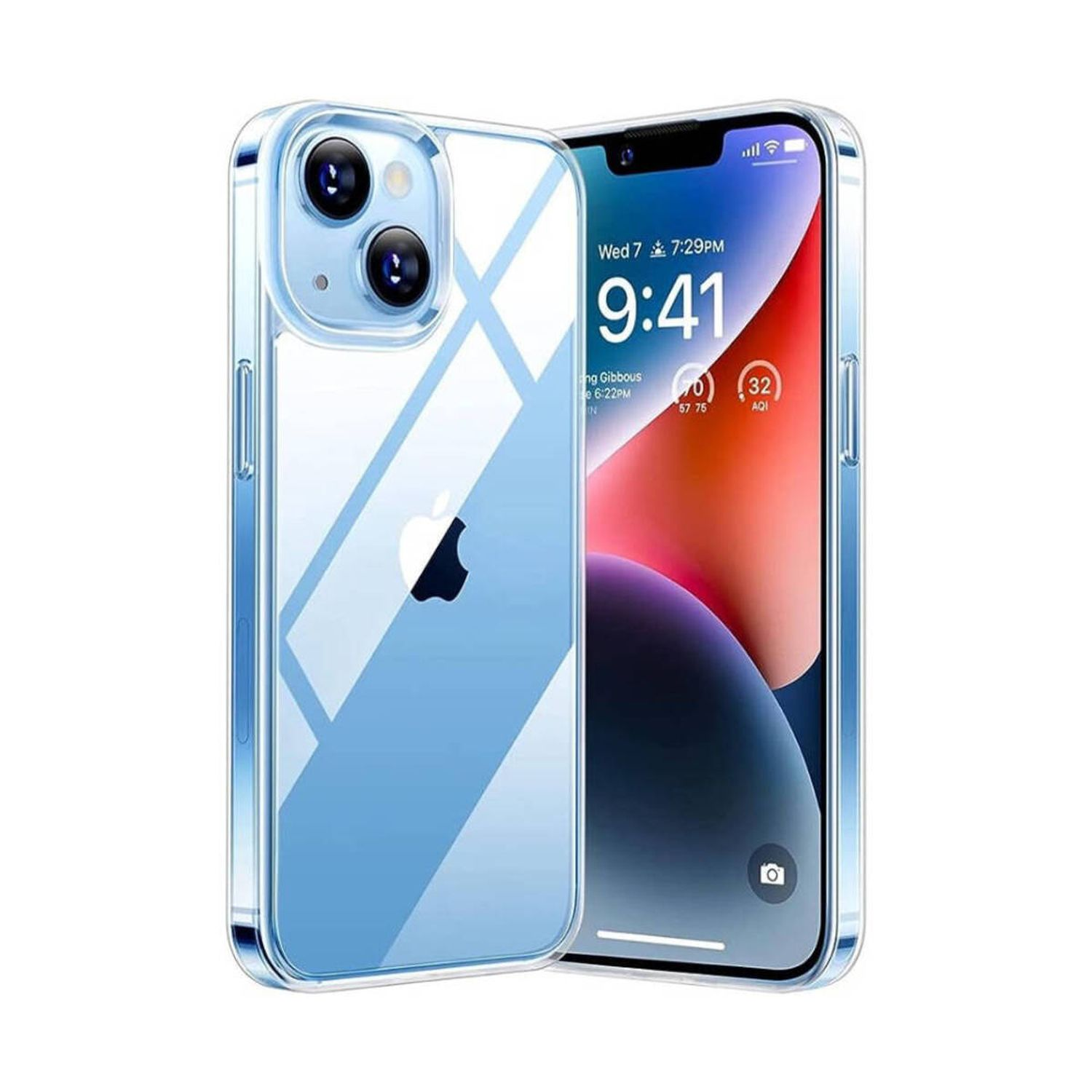 Custodia trasparente per iPhone su un iPhone. Il telefono mostra un'interfaccia e fotocamere.