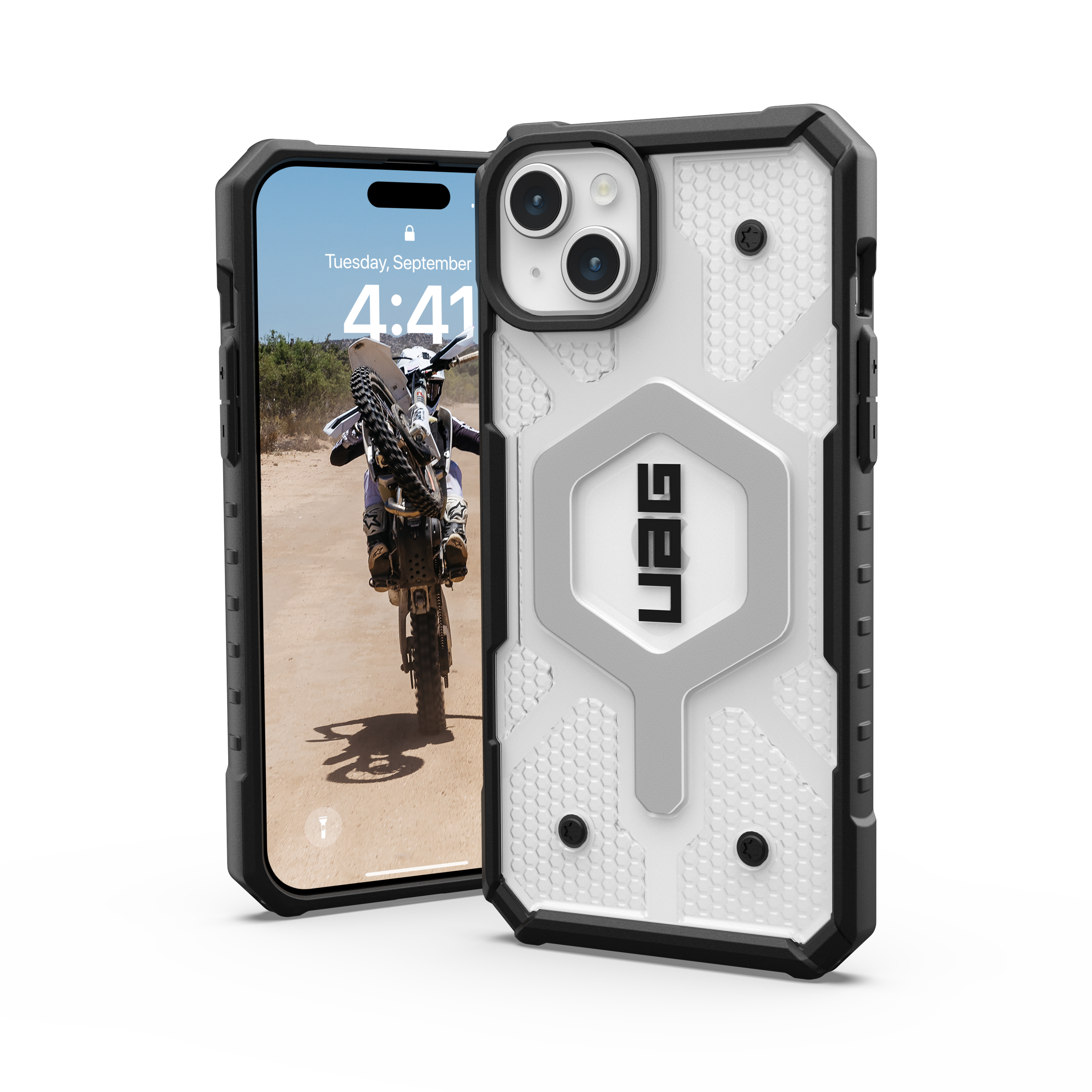 Telefon mit weiß-schwarzer Hülle. Der Bildschirm zeigt einen Motorradfahrer.