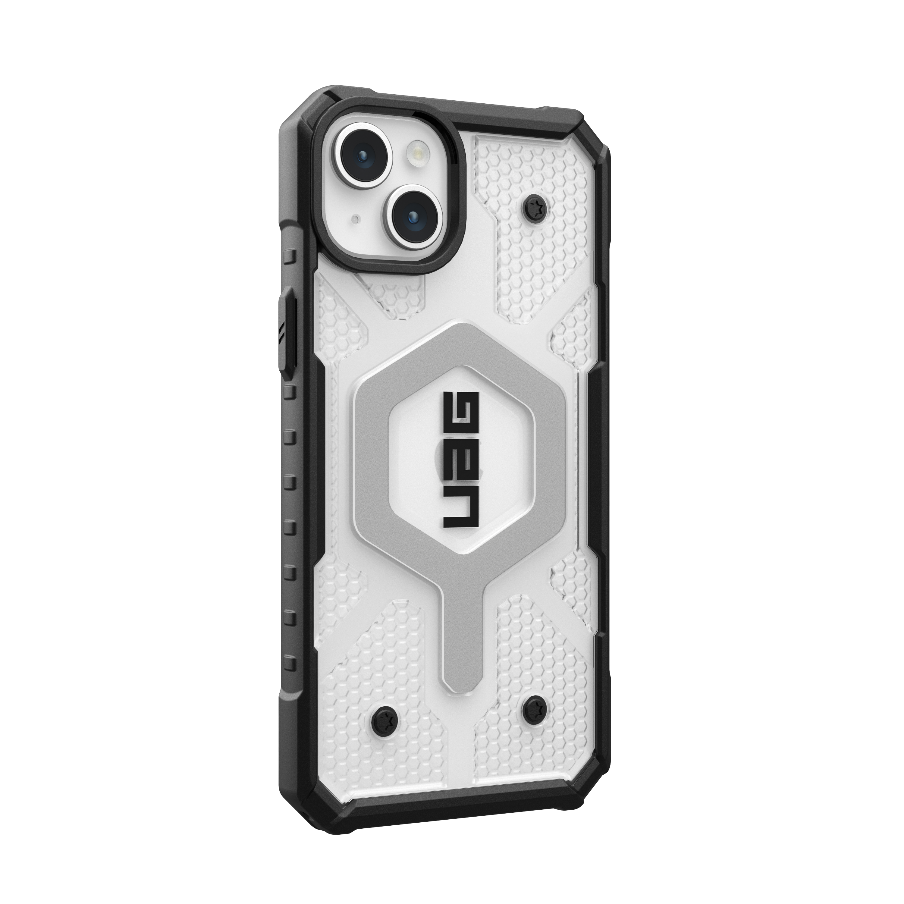 Transparente Handyhülle mit weißem Design und UAG-Logo.