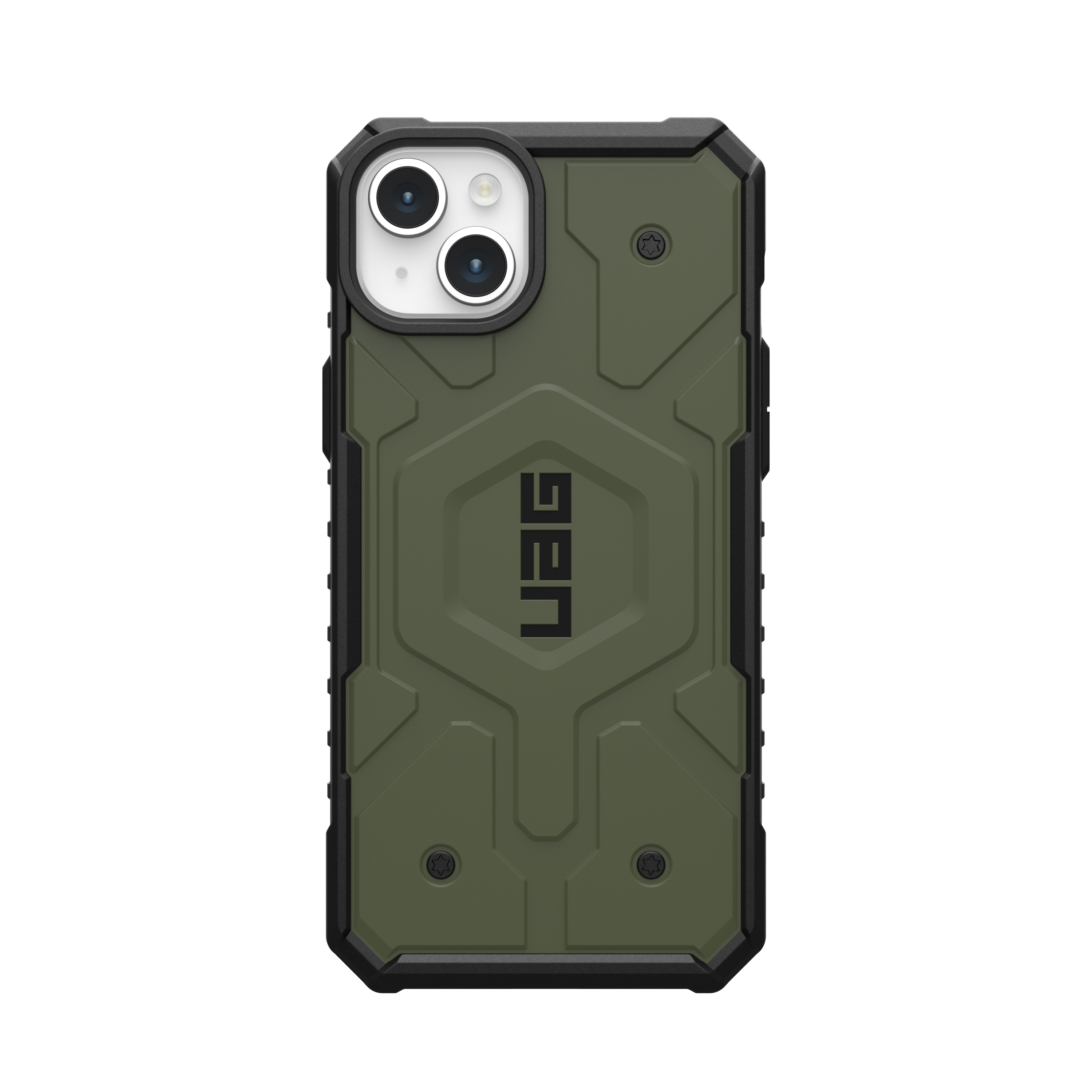 Funda para teléfono verde y negro, con el logo UAG. La funda está hecha de material duradero.