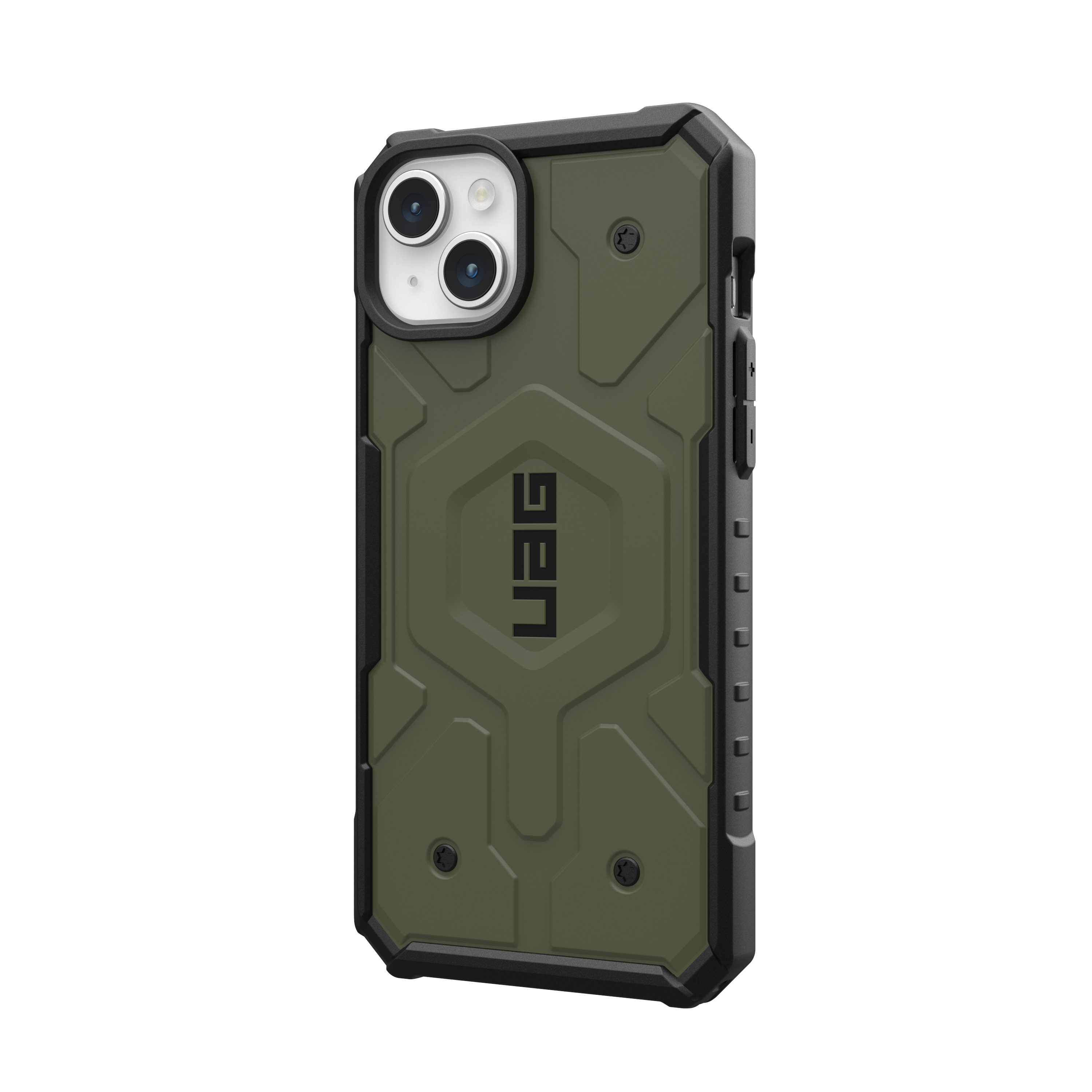 Una funda de teléfono verde oliva con borde negro, con el logotipo de UAG y tornillos en la parte trasera.