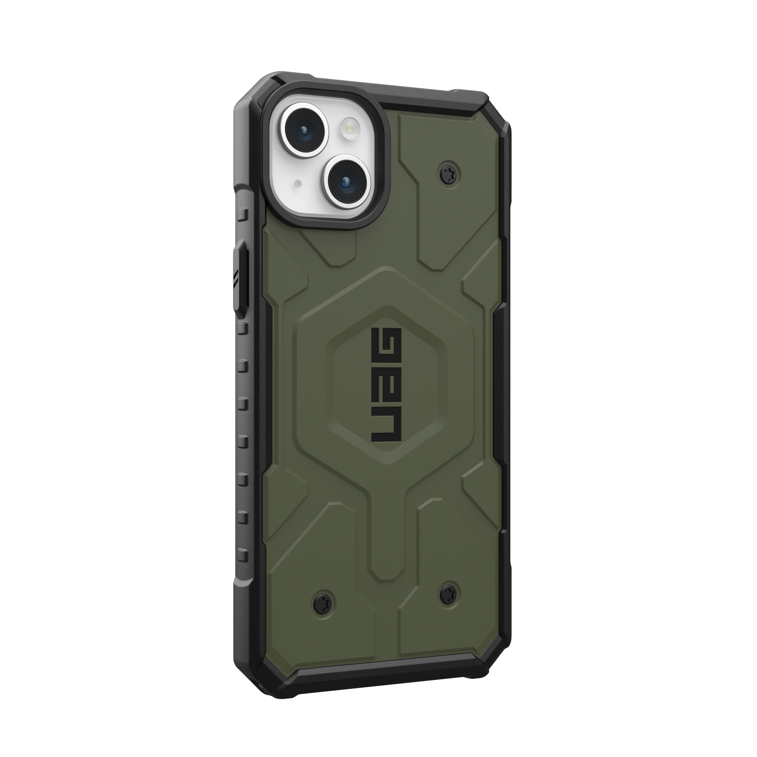 Funda de teléfono verde oliva con detalles negros y logotipo UAG. Diseño robusto.