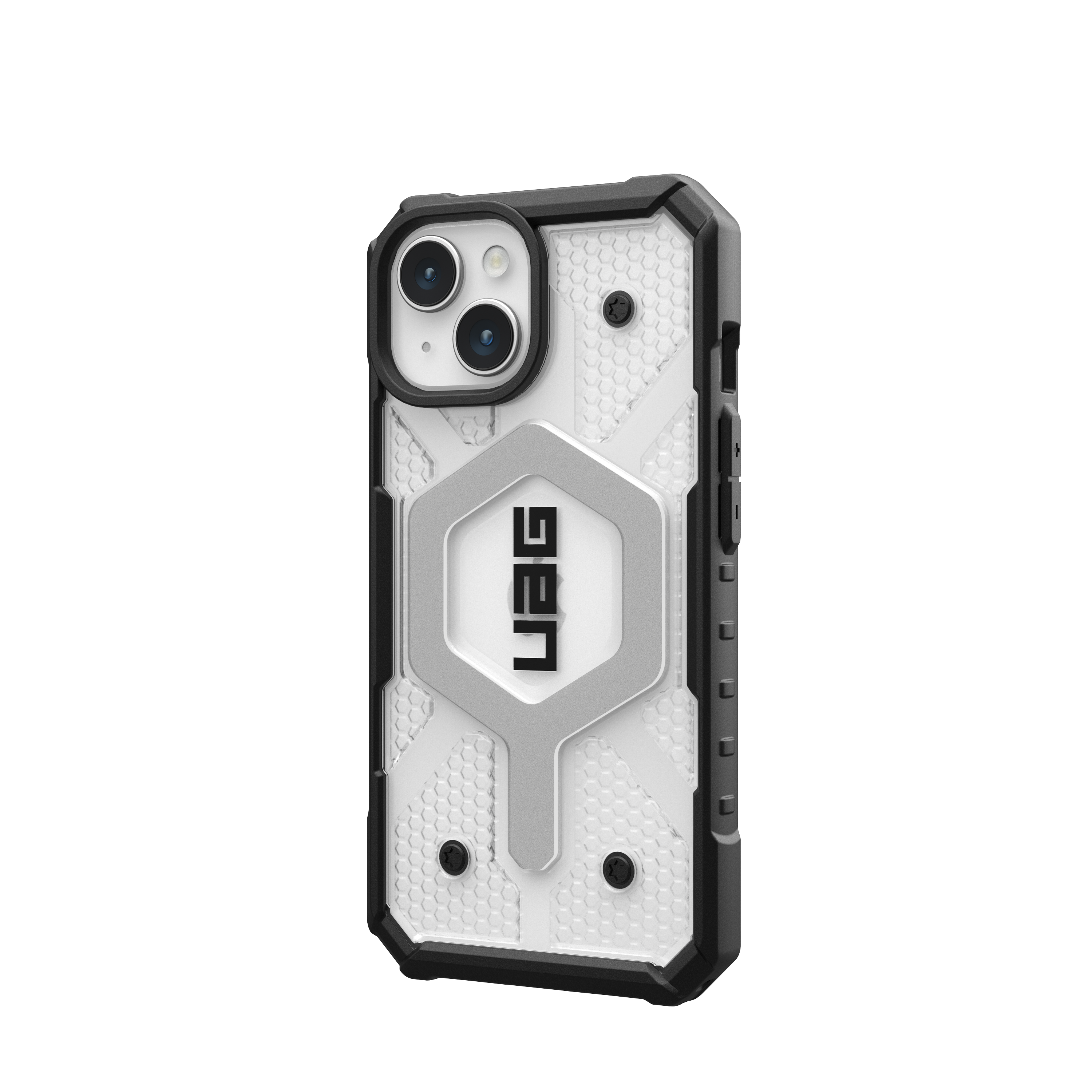 Custodia per telefono bianca e nera con logo UAG e ritagli per fotocamera.