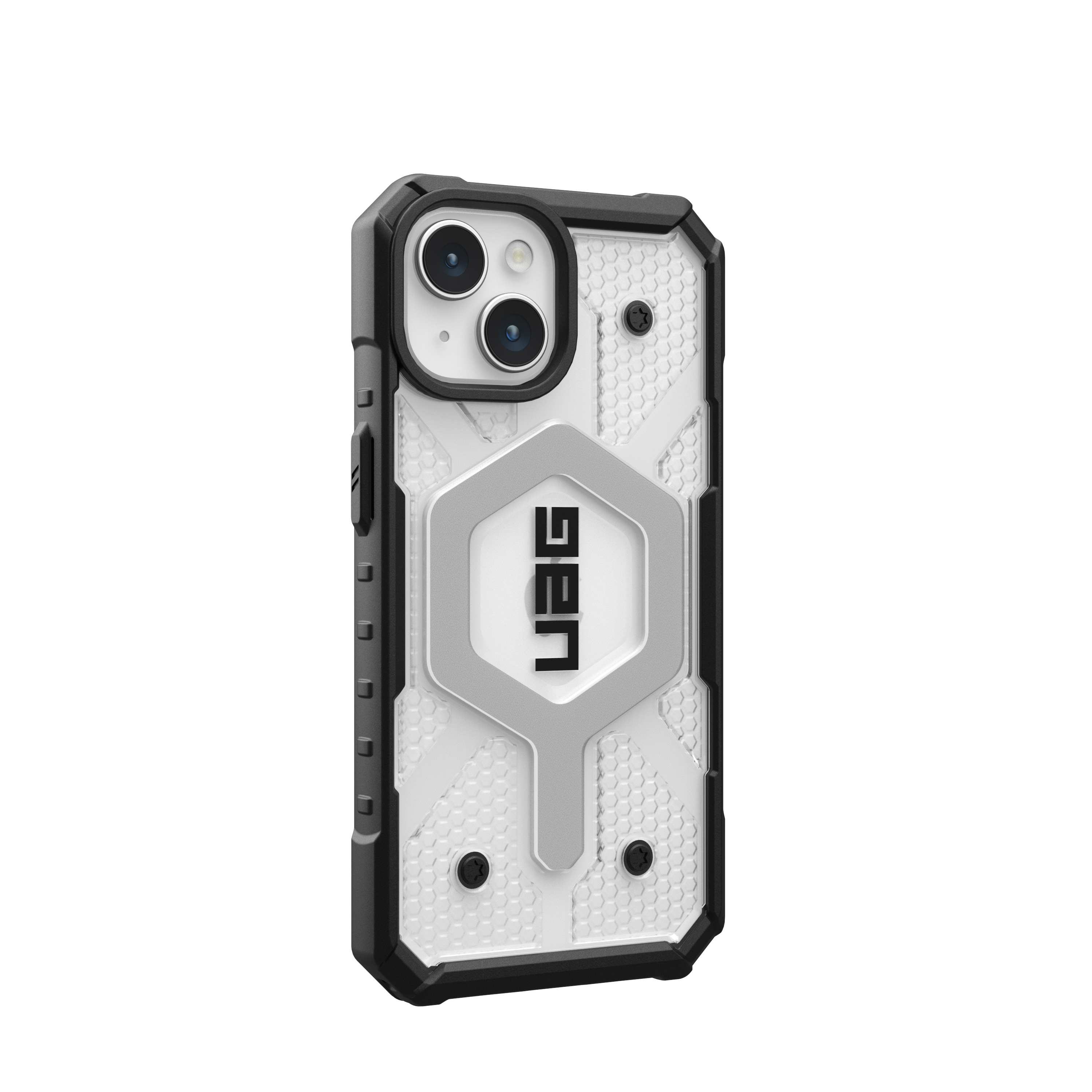Una custodia per telefono con un design bianco e nero. Ha una forma esagonale e il logo UAG.
