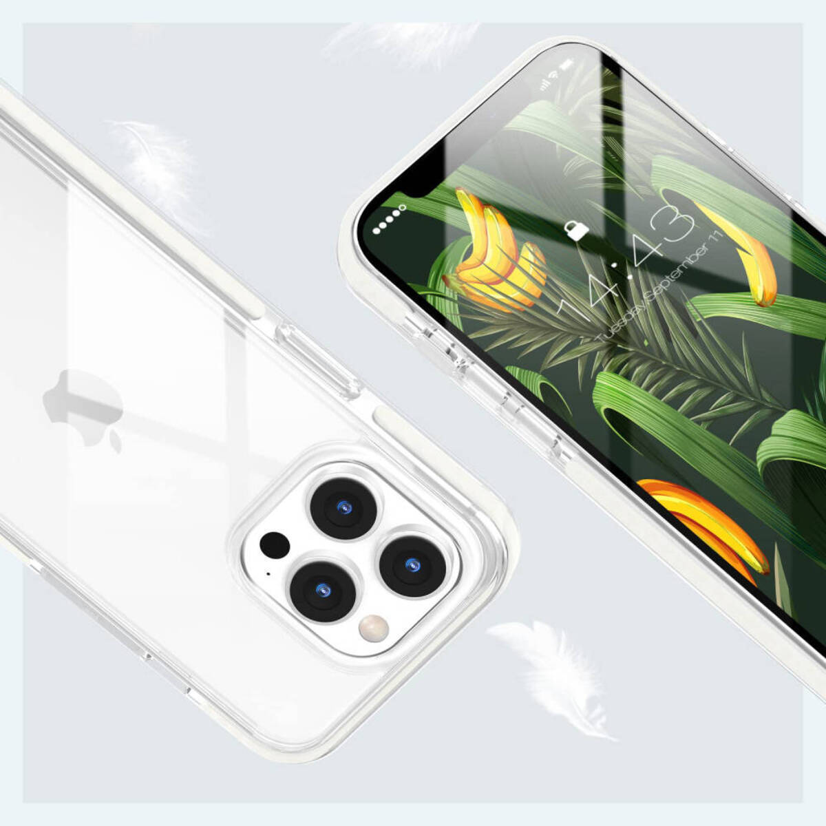 Custodia trasparente a sinistra, mostra schermo del telefono a destra con sfondo floreale.