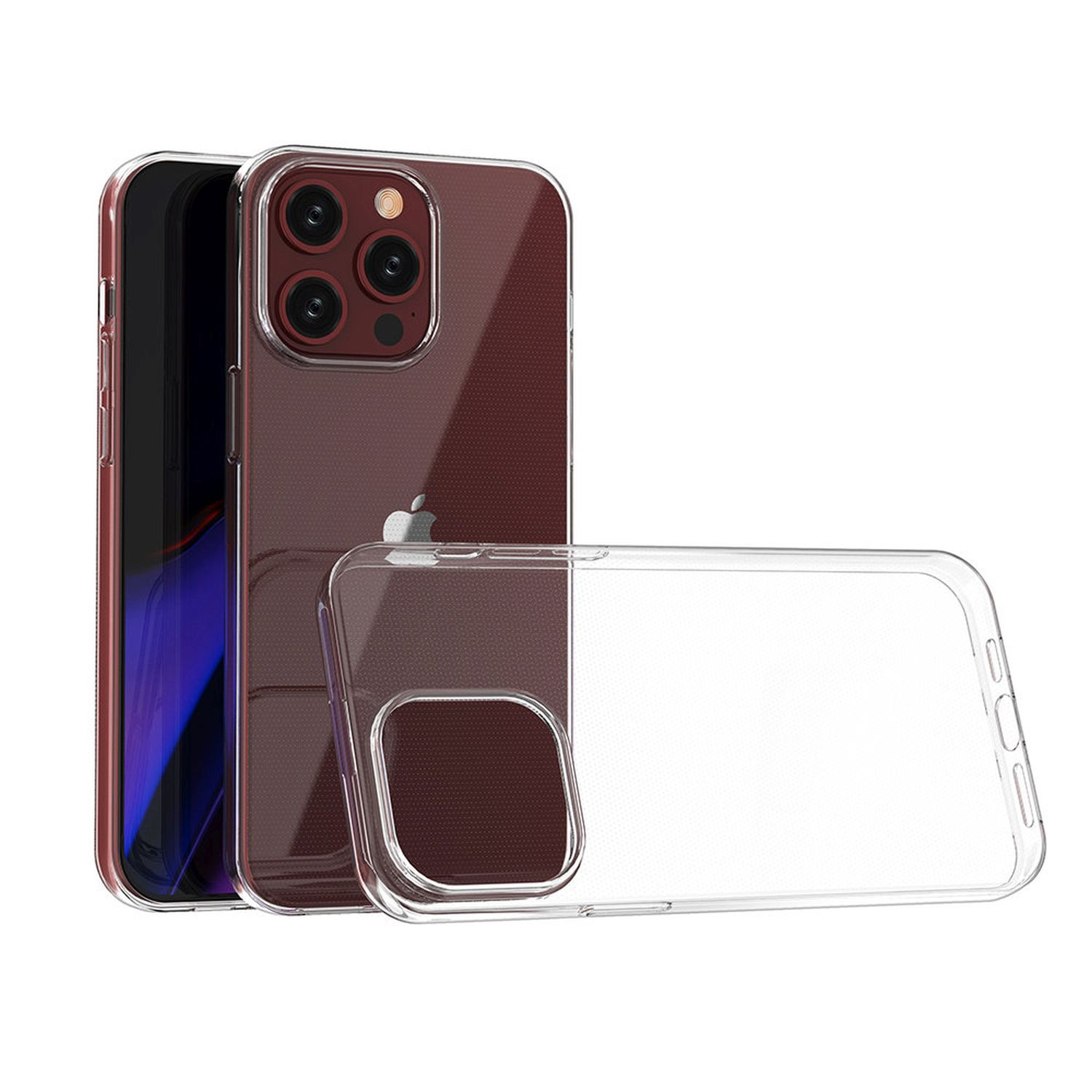 iPhone in einer durchsichtigen Hülle, das Telefon zeigend. Weißer Hintergrund.