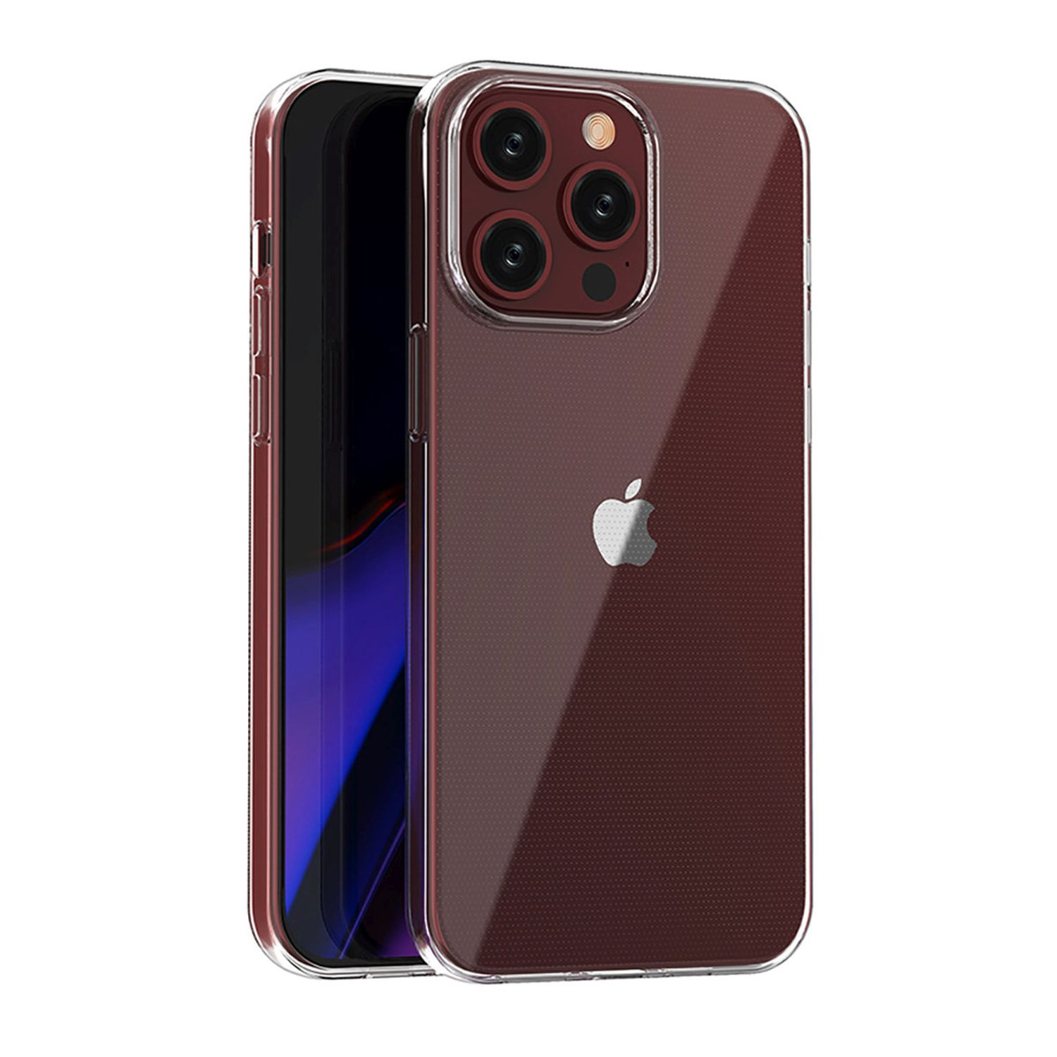Eine weinrote Handyhülle mit Apple-Logo, zeigt die Rückseite eines Telefons.