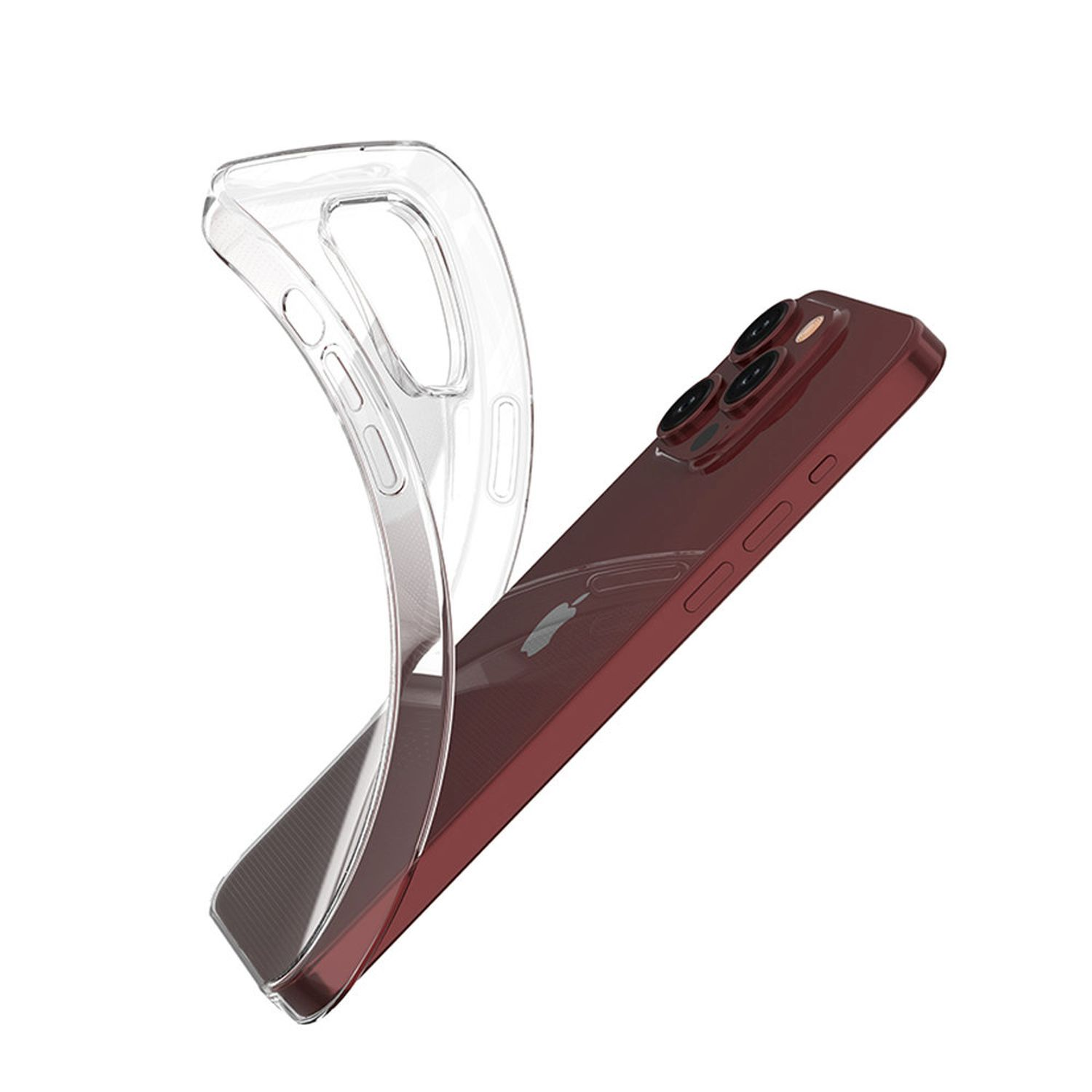Transparente Handyhülle. Das Telefon ist rot und hat drei Kameras.
