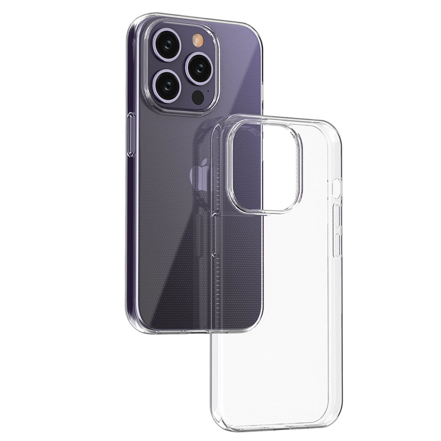 Ein iPhone mit einer transparenten Schutzhülle. Das Telefon ist lila mit drei Kameras und einem Blitz.