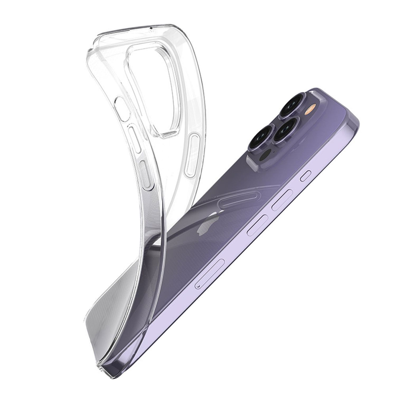 Ein lila Smartphone, das von einer transparenten Handyhülle gehalten wird. Die Hülle ist durchsichtig.