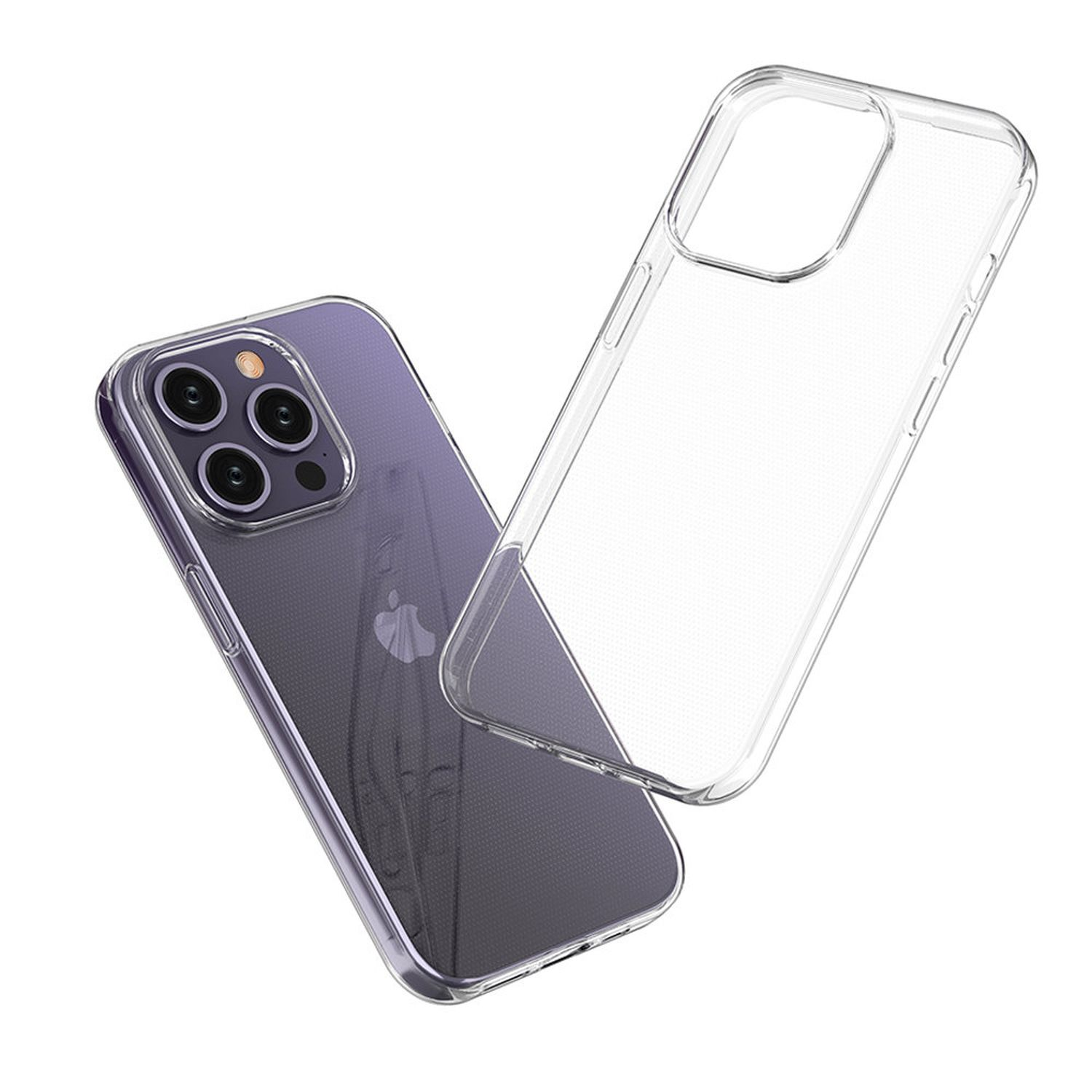 Zwei transparente Handyhüllen, eine um ein lila Telefon, die andere leer, beide auf einer weißen Oberfläche.